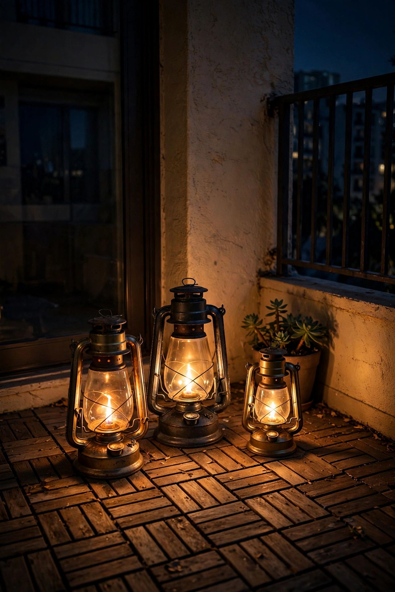 Flameless LED candles glowing inside glass hurricane lanterns on a balcony