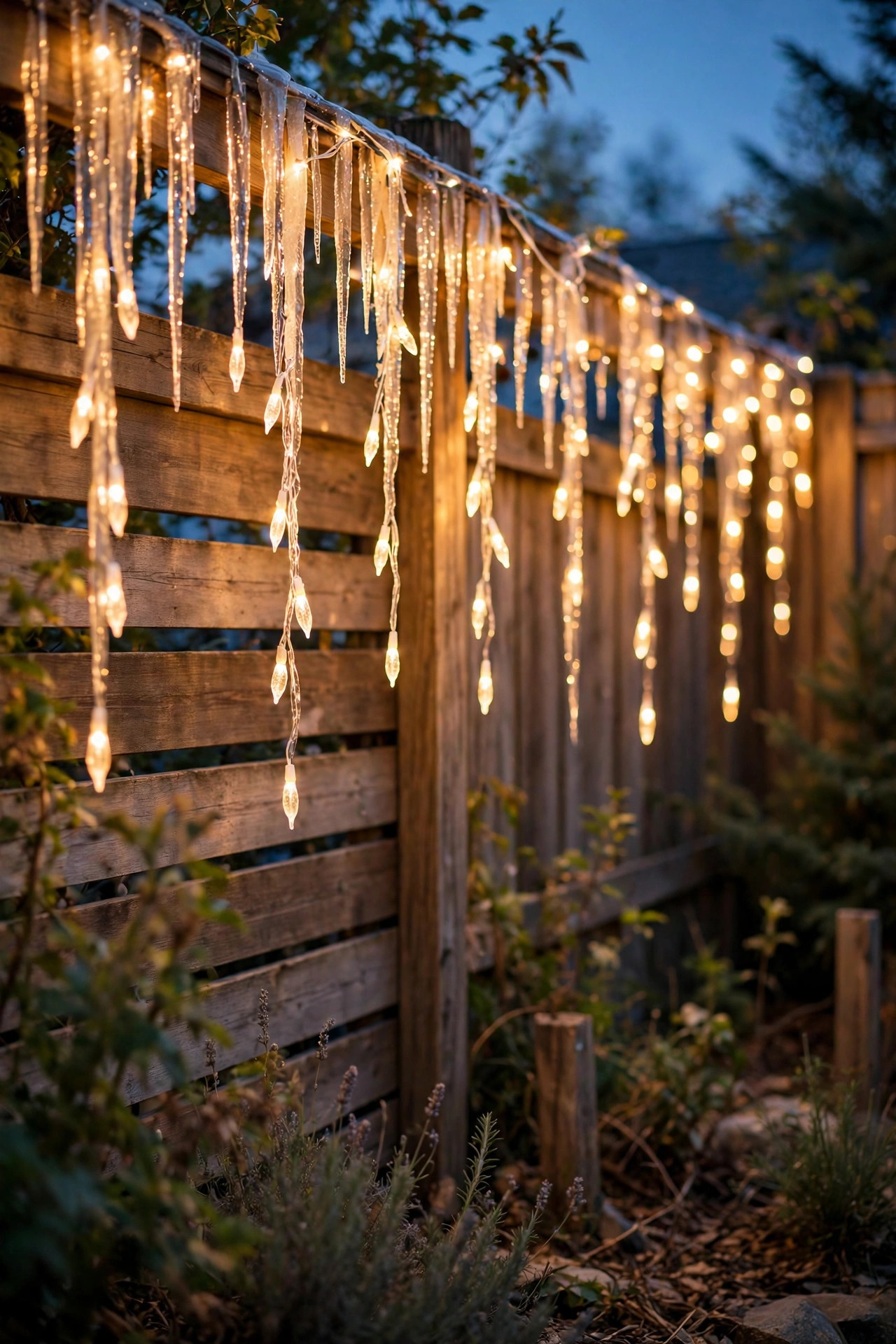 Warm white icicle lights hanging along a wooden backyard fence at dusk