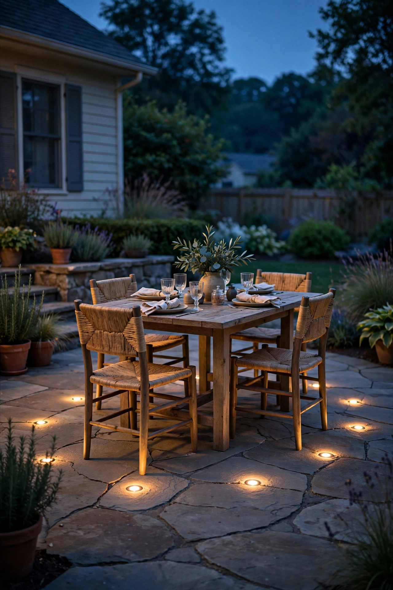 In-paver downlights glowing softly around a patio dining area at dusk