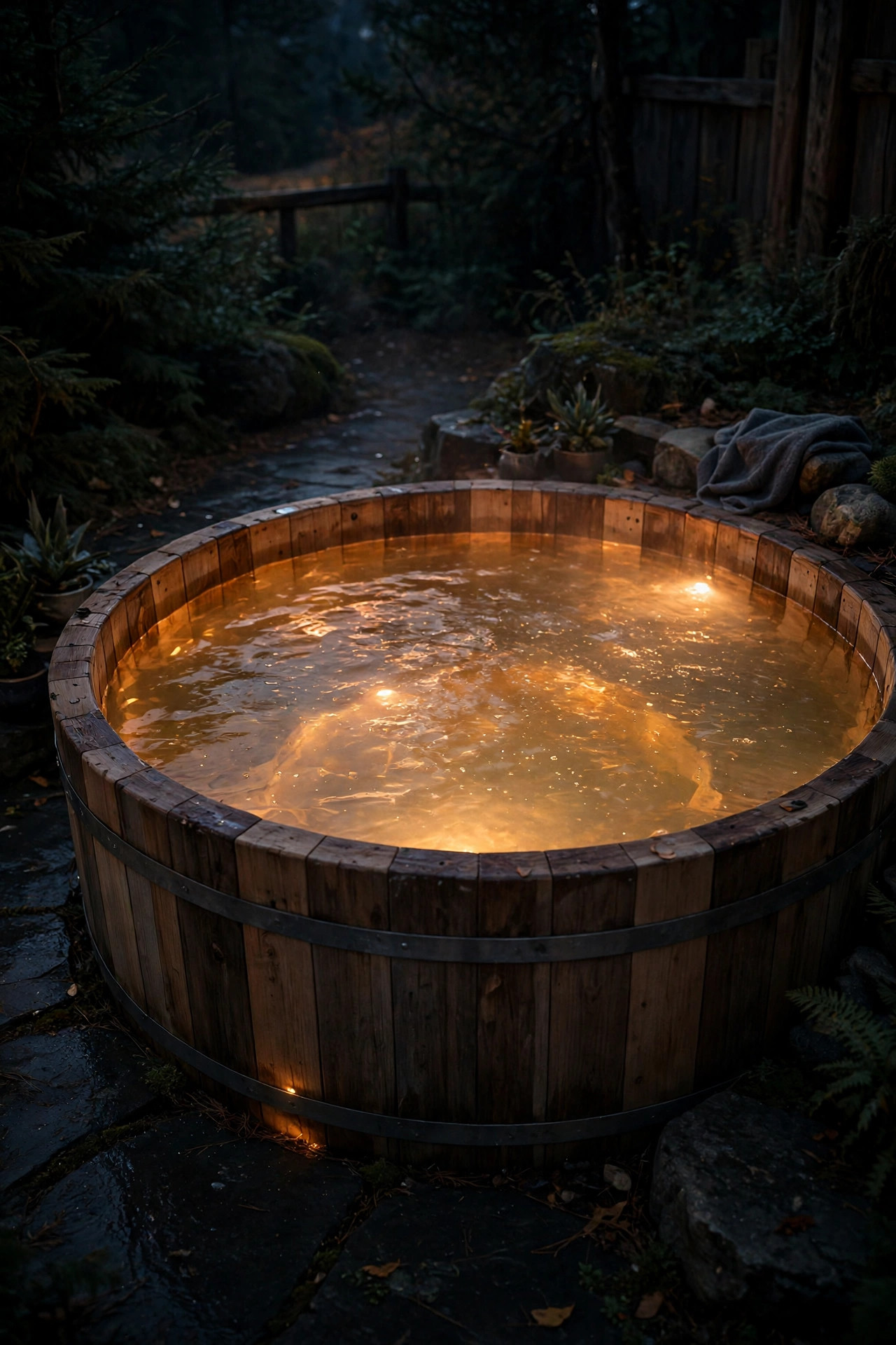 Hot tub water glowing softly from underwater LED light at night, warm amber shimmer on the surface with dark surroundings