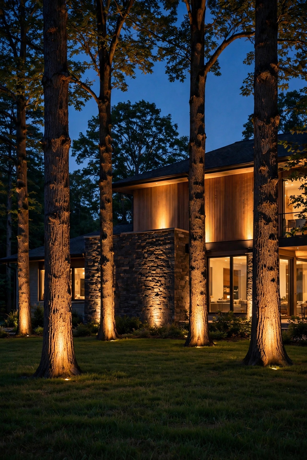 Flush in-ground well lights in a front lawn sending warm beams up a facade and tree trunks at dusk, with no visible fixtures