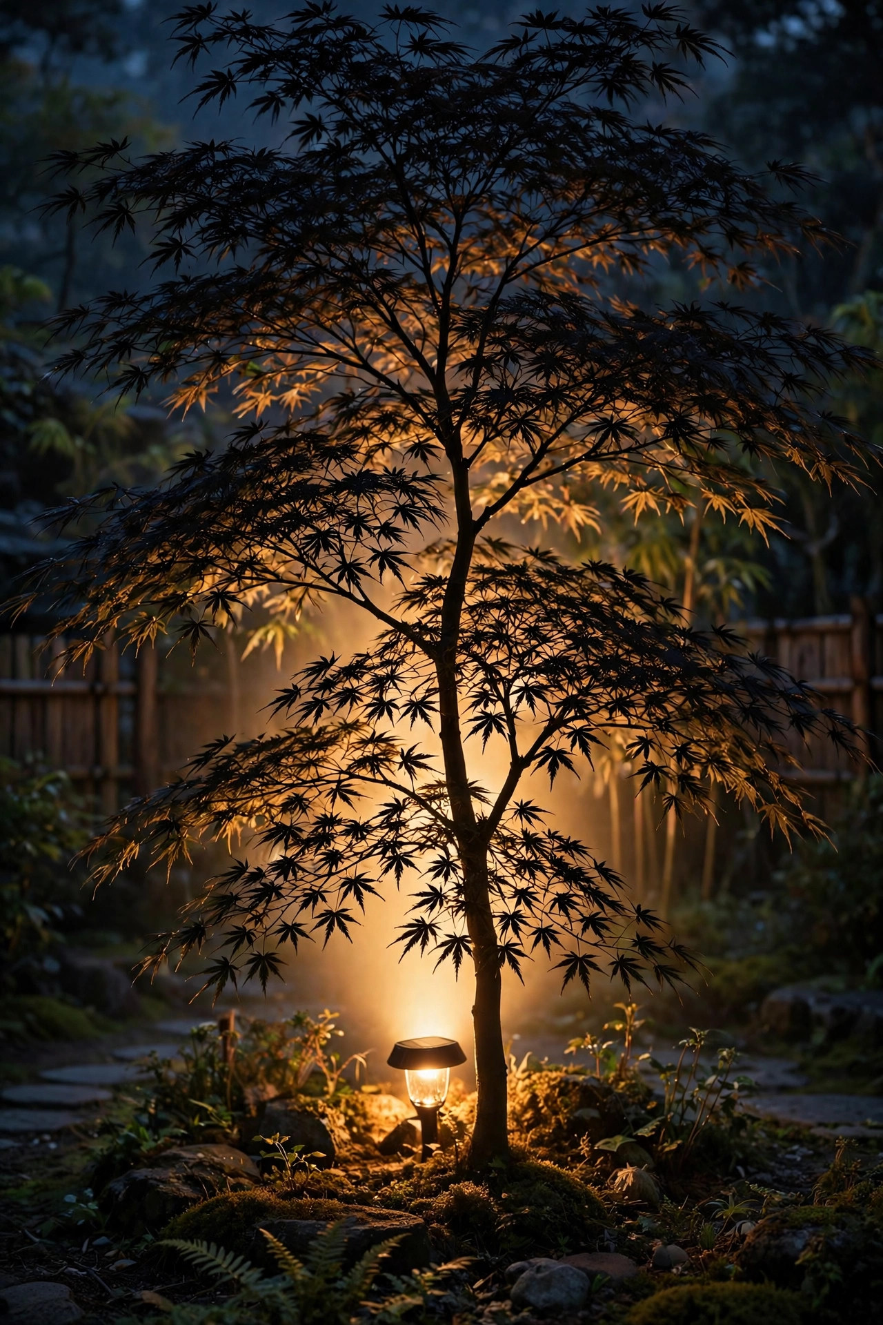 Japanese maple silhouetted at night with a solar spotlight glowing behind its lacy branches
