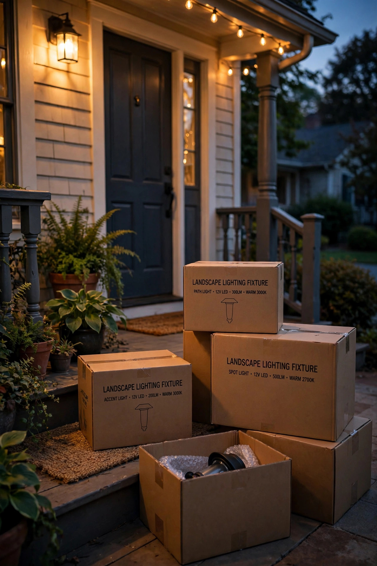 Homeowner comparing landscape lighting fixture boxes and a price list at an outdoor store display