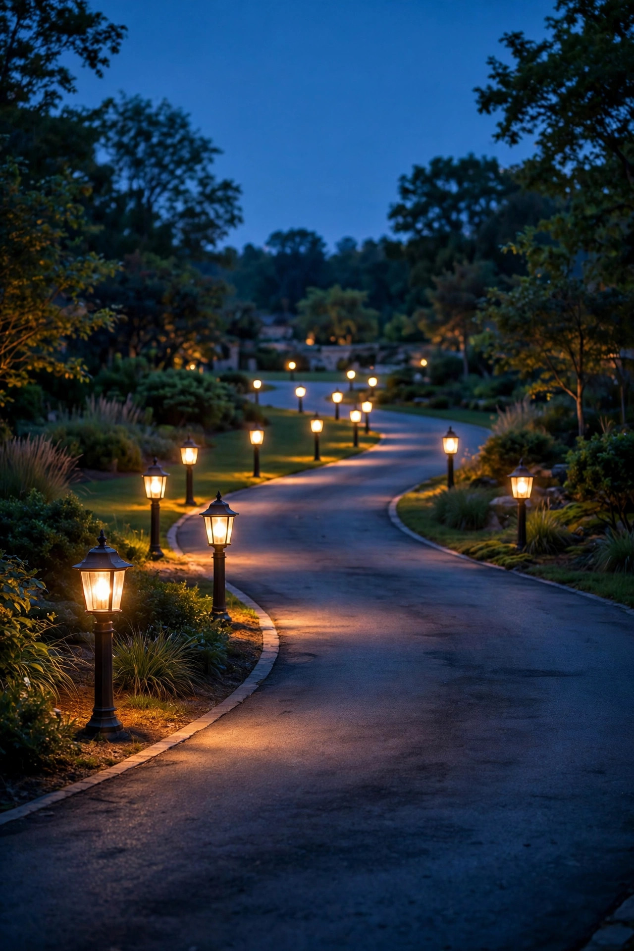 Lantern style bollard lights glowing in a row along a long curved driveway at dusk