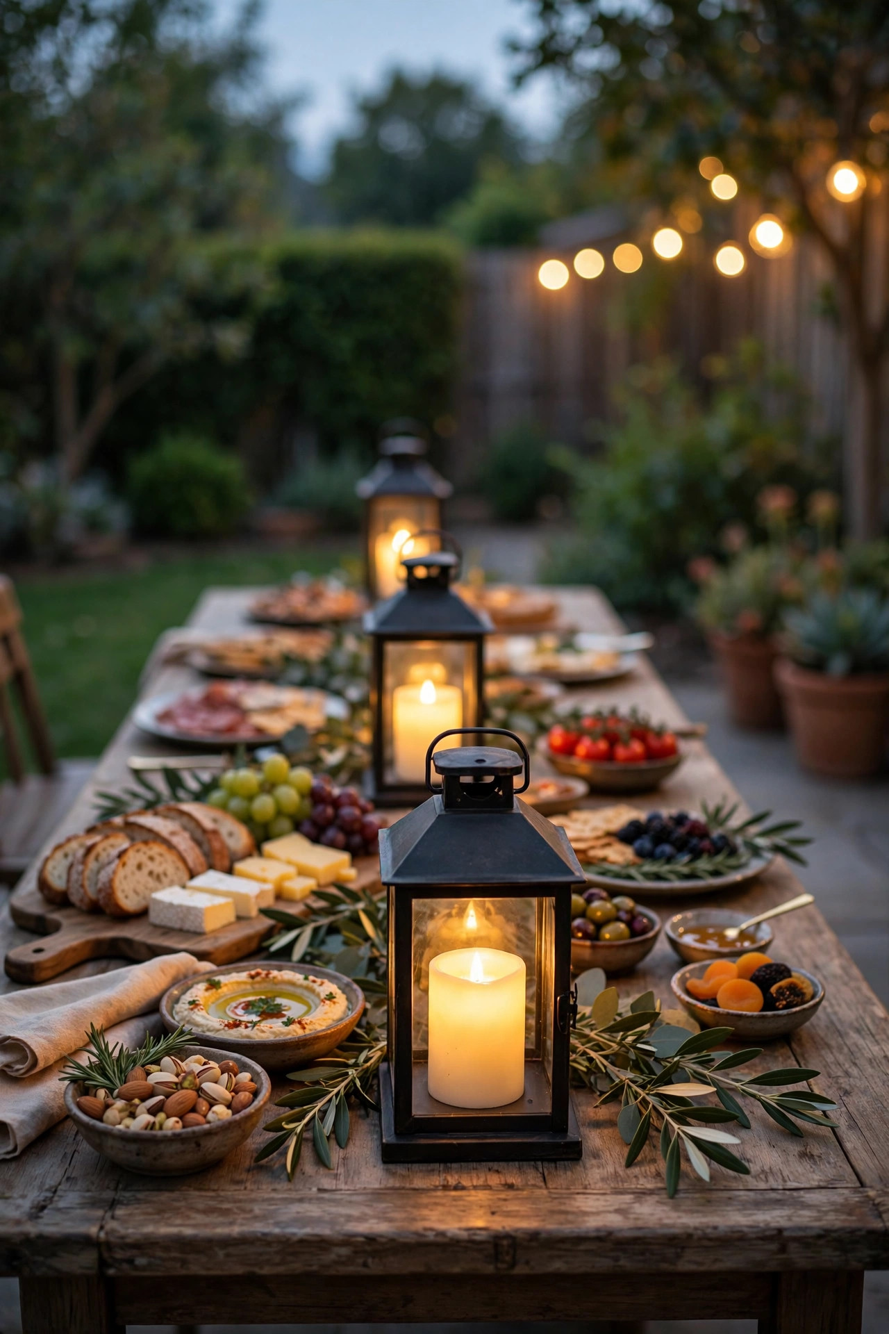 Lantern centerpieces with flameless candles glowing down a backyard party buffet table