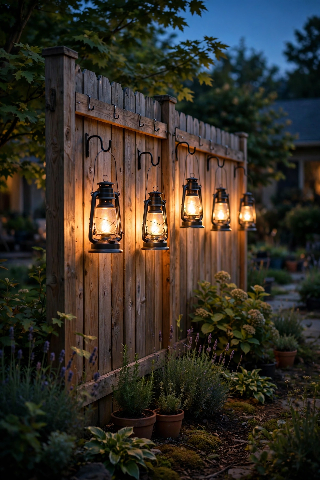Outdoor lanterns hanging on hooks along a wooden fence glowing warmly at night