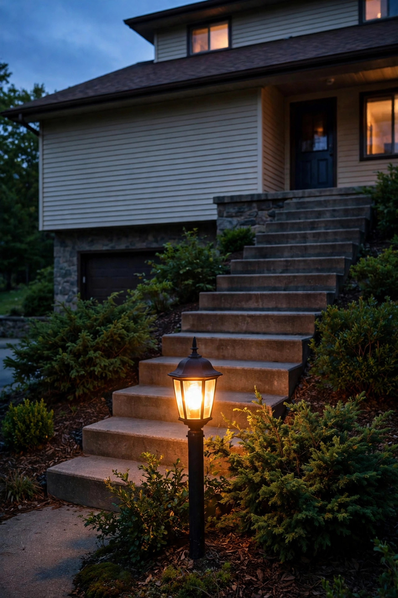 Lantern-style post light glowing at the bottom of entry stairs on a raised ranch home at dusk