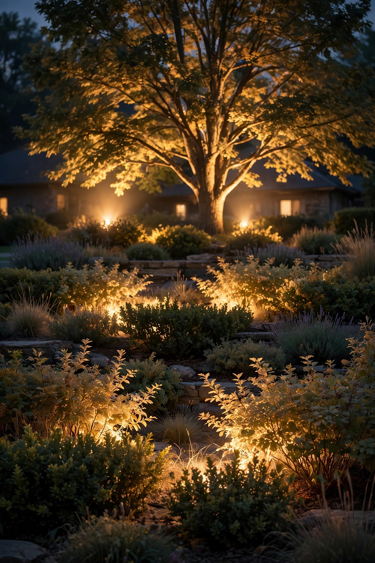 Layered front yard at night with backlit shrubs glowing softly in front of a brightly cross-lit tree behind them