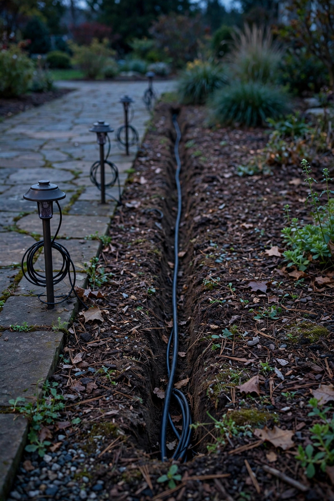 Low-voltage cable being tucked into a shallow slit trench along a mulched garden bed beside a walkway at dusk with path lights waiting to be connected