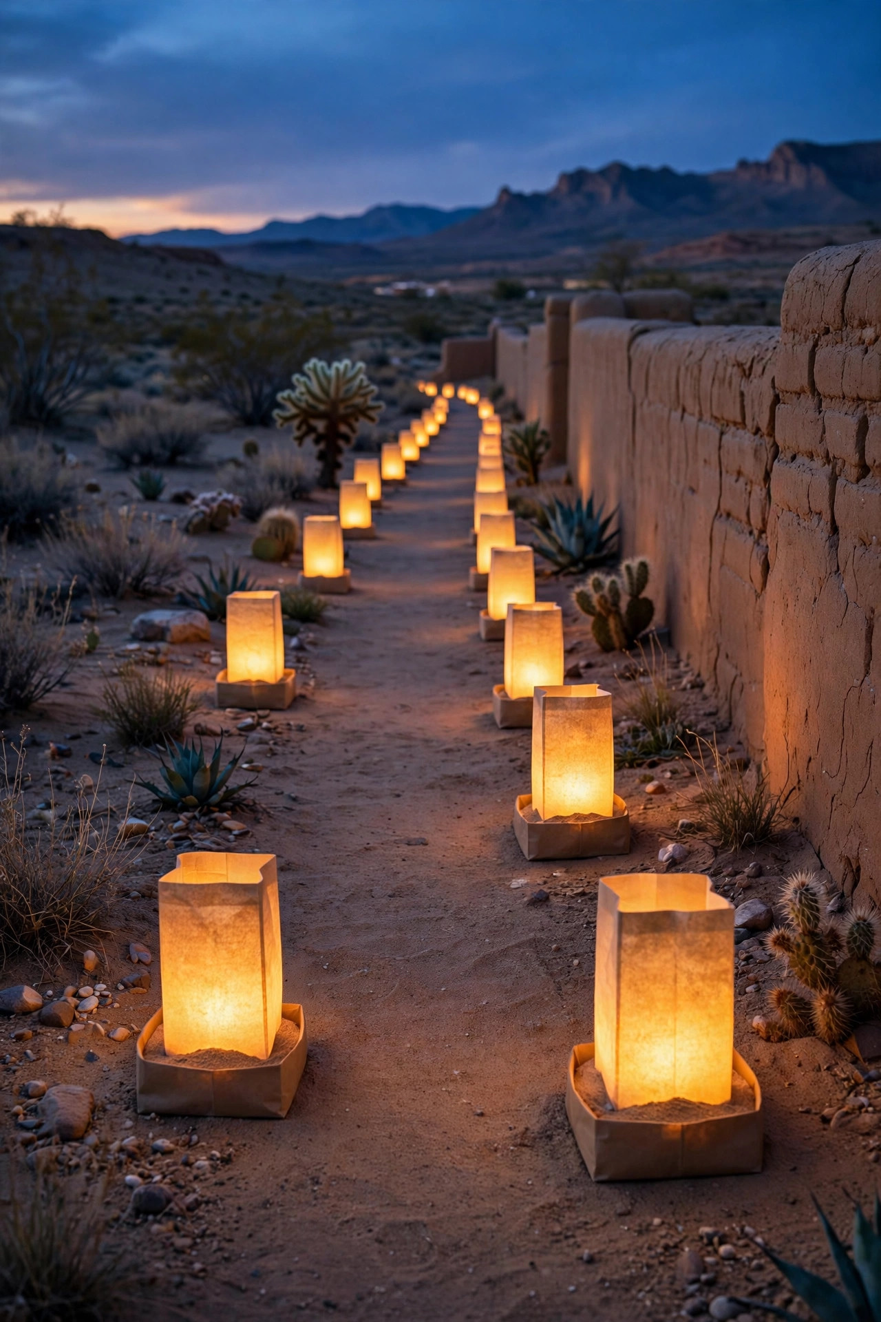 Row of glowing LED luminarias in sand-toned holders lining a desert walkway and low adobe wall at twilight