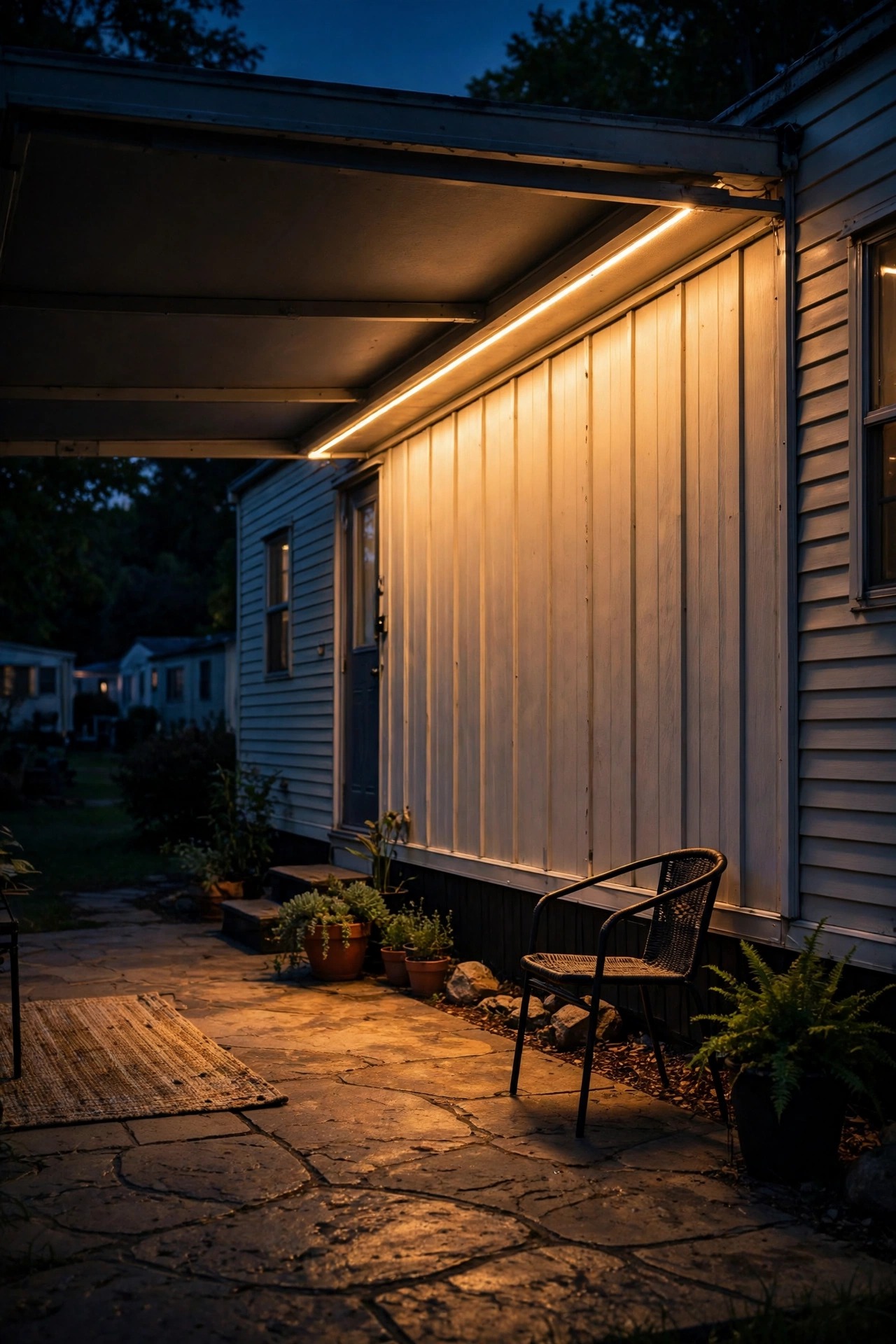 Hidden LED strip light glowing under the rail of a mobile home awning, washing warm light down the siding and across the patio floor at night