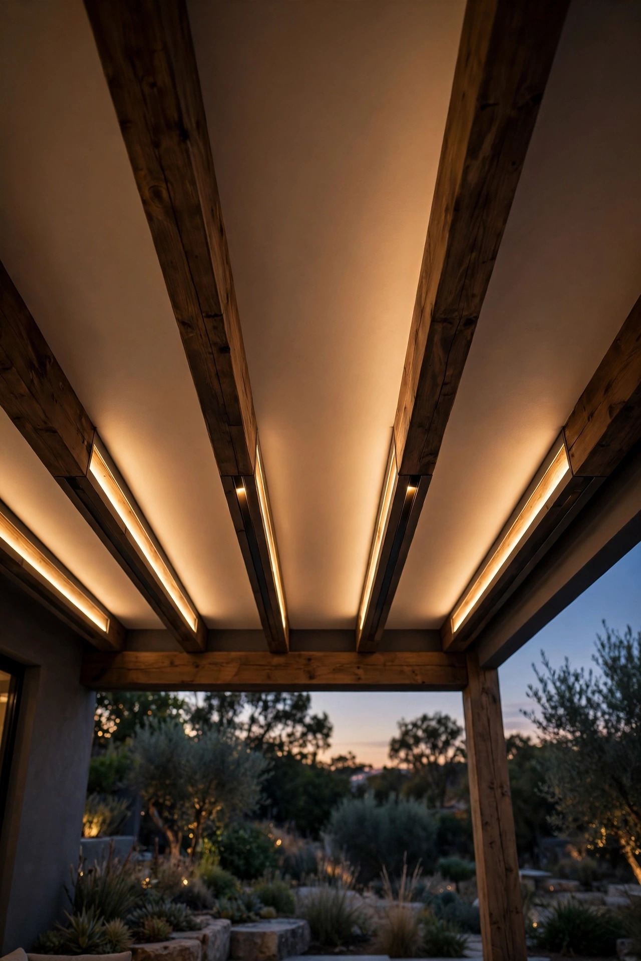 LED strip lights hidden in channels along covered patio beams casting soft indirect glow on the ceiling