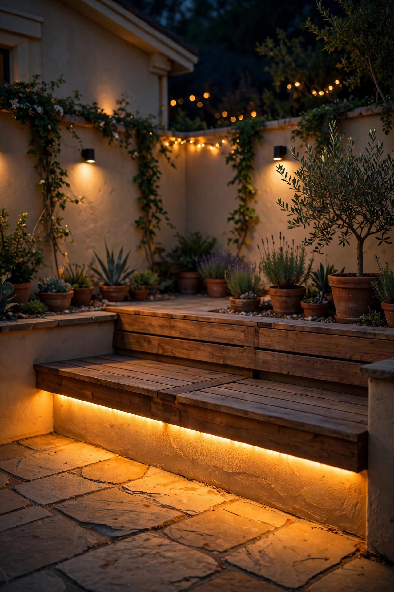 Hidden LED strip glowing under a courtyard bench at night