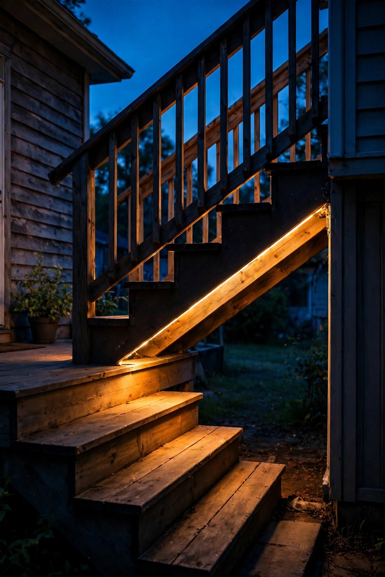 Warm LED strip hidden under a rental porch handrail washing the steps below with soft golden light at dusk
