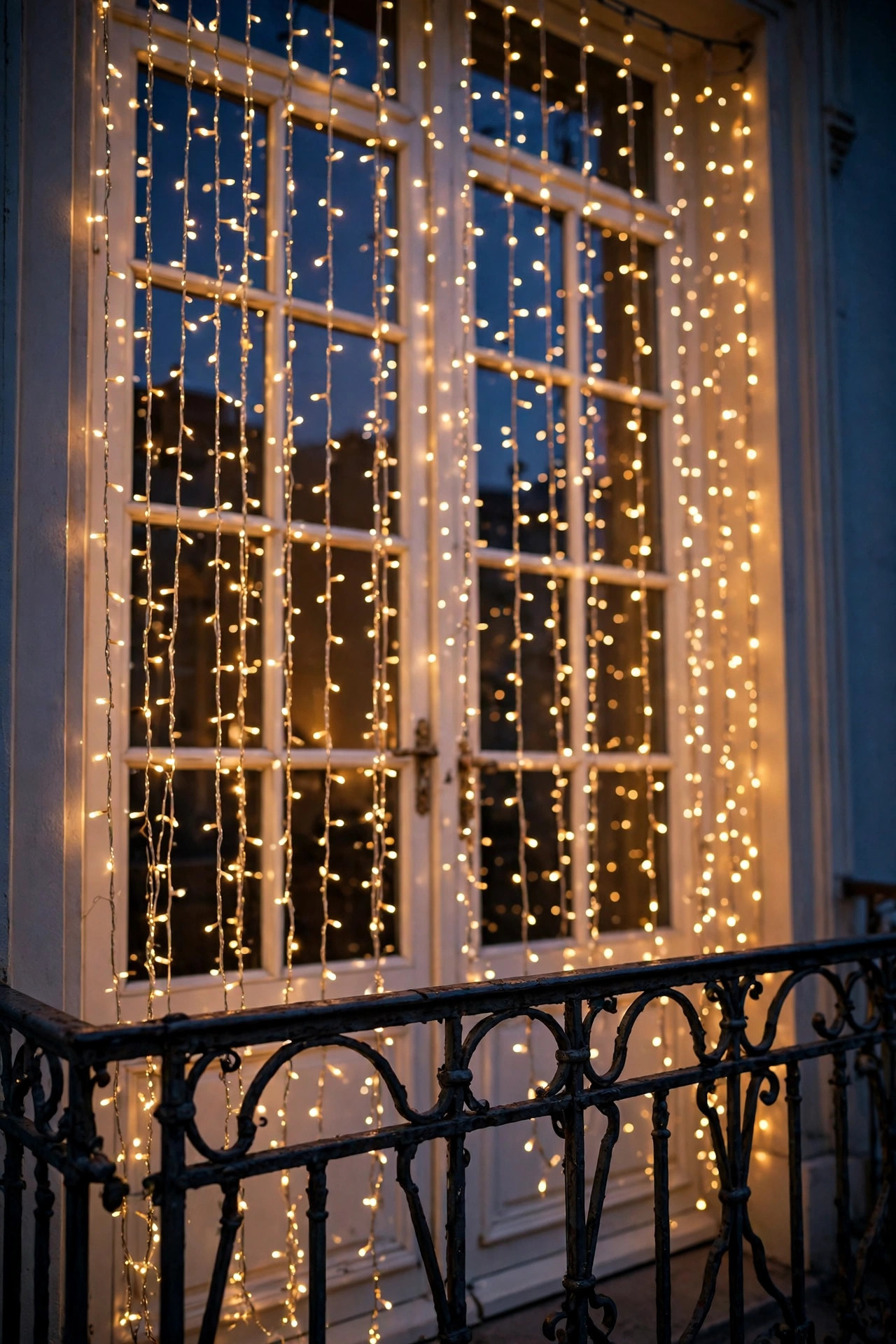 Warm white light curtain hanging across French doors behind a small balcony railing, creating a shimmering veil at dusk