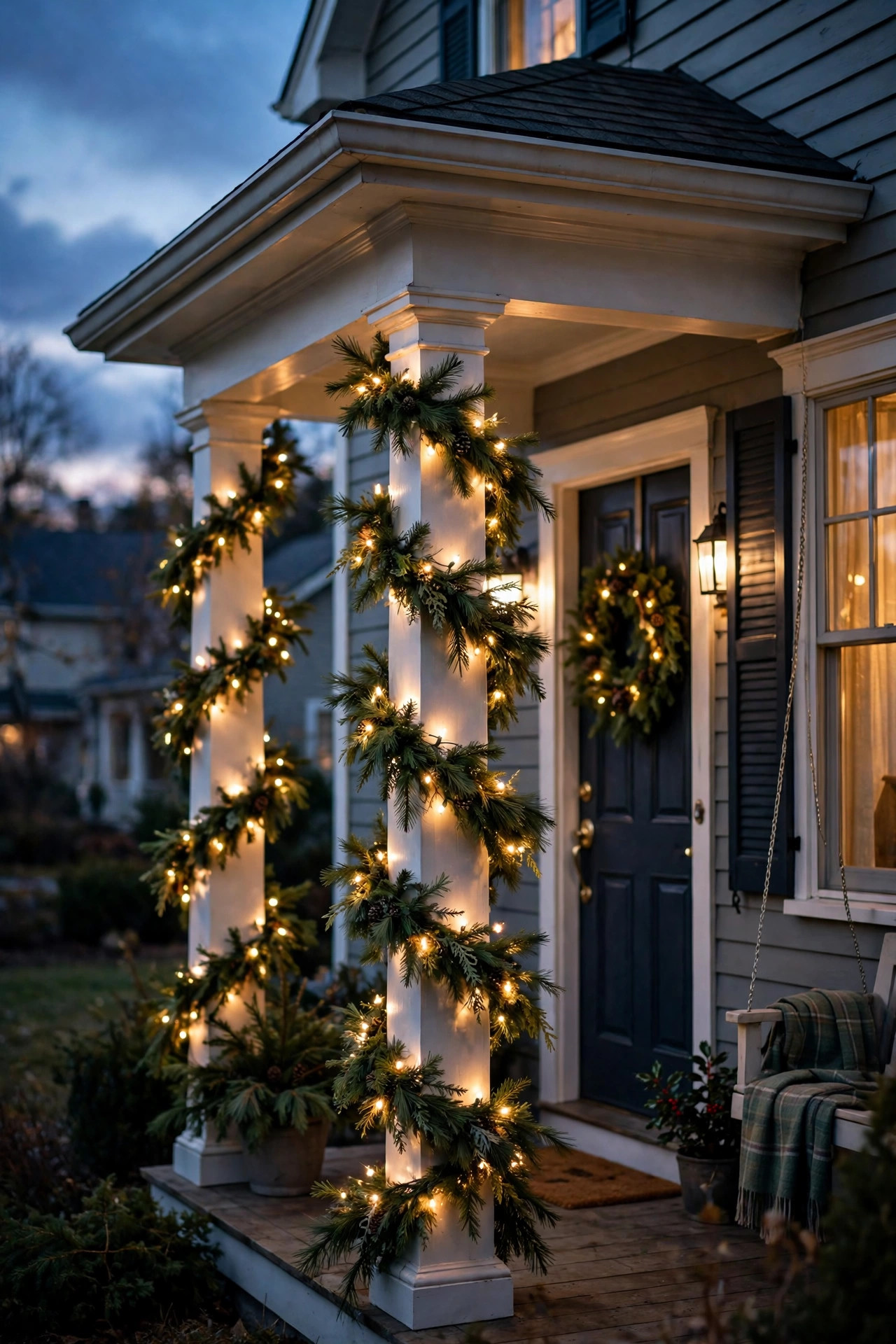Porch columns wrapped with lighted pine garland and warm white lights for the holidays