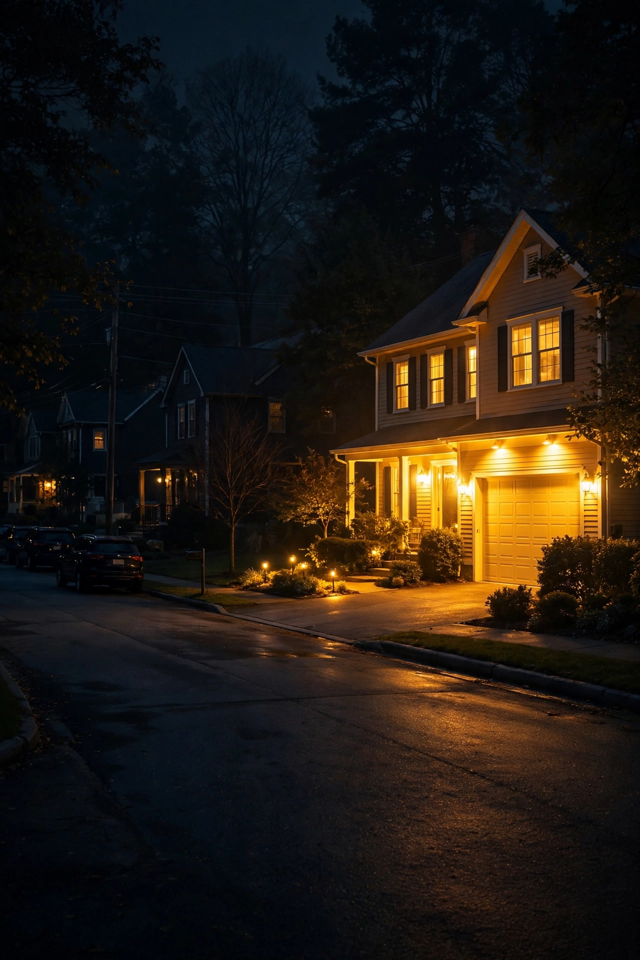 Suburban street at 3 a.m. with one house fully lit and glowing versus neighboring homes dark with only subtle porch lights