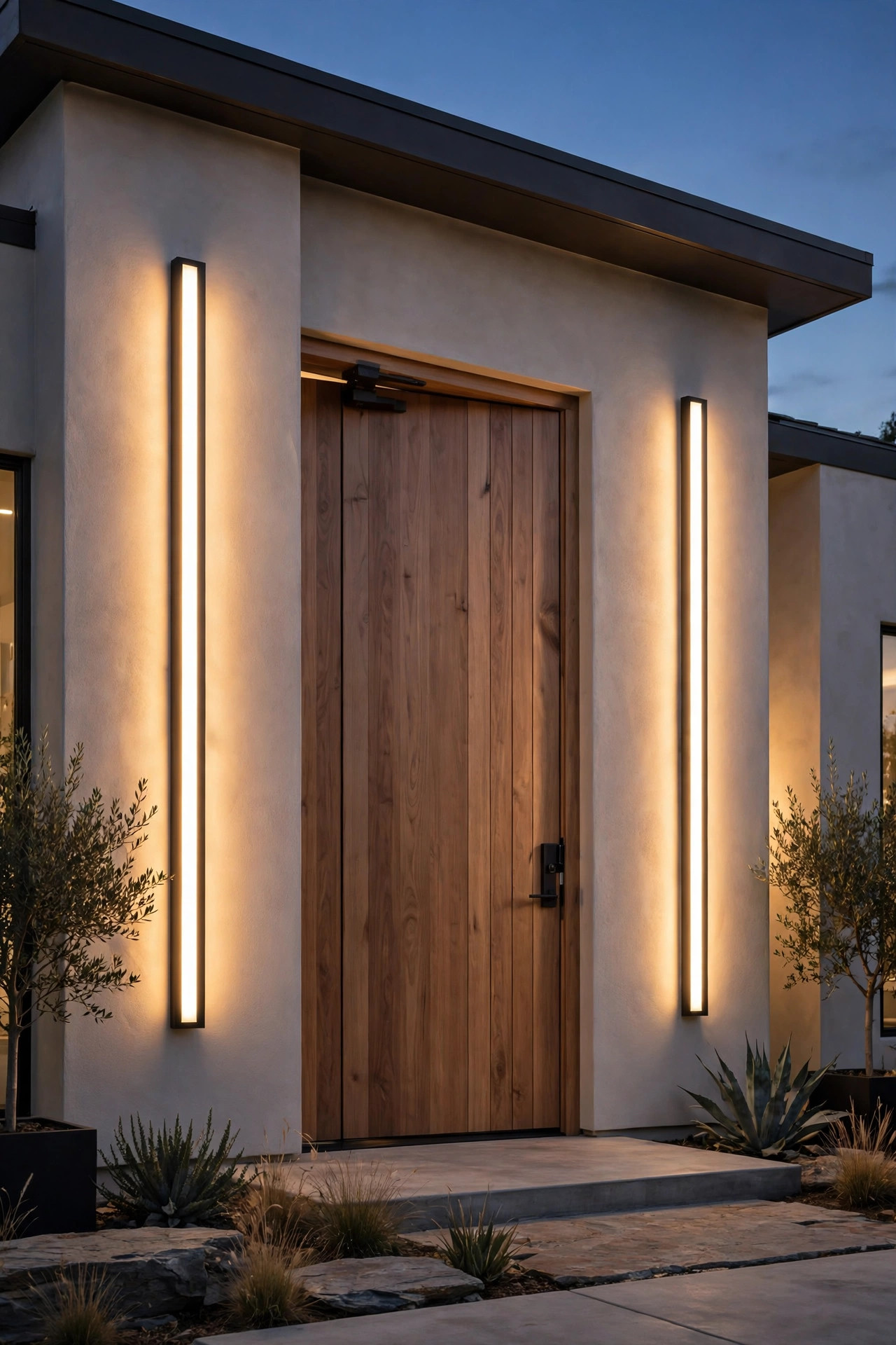 Modern large home entry with long vertical linear LED oversized sconces beside a pivot front door, clean warm wash of light on smooth stucco