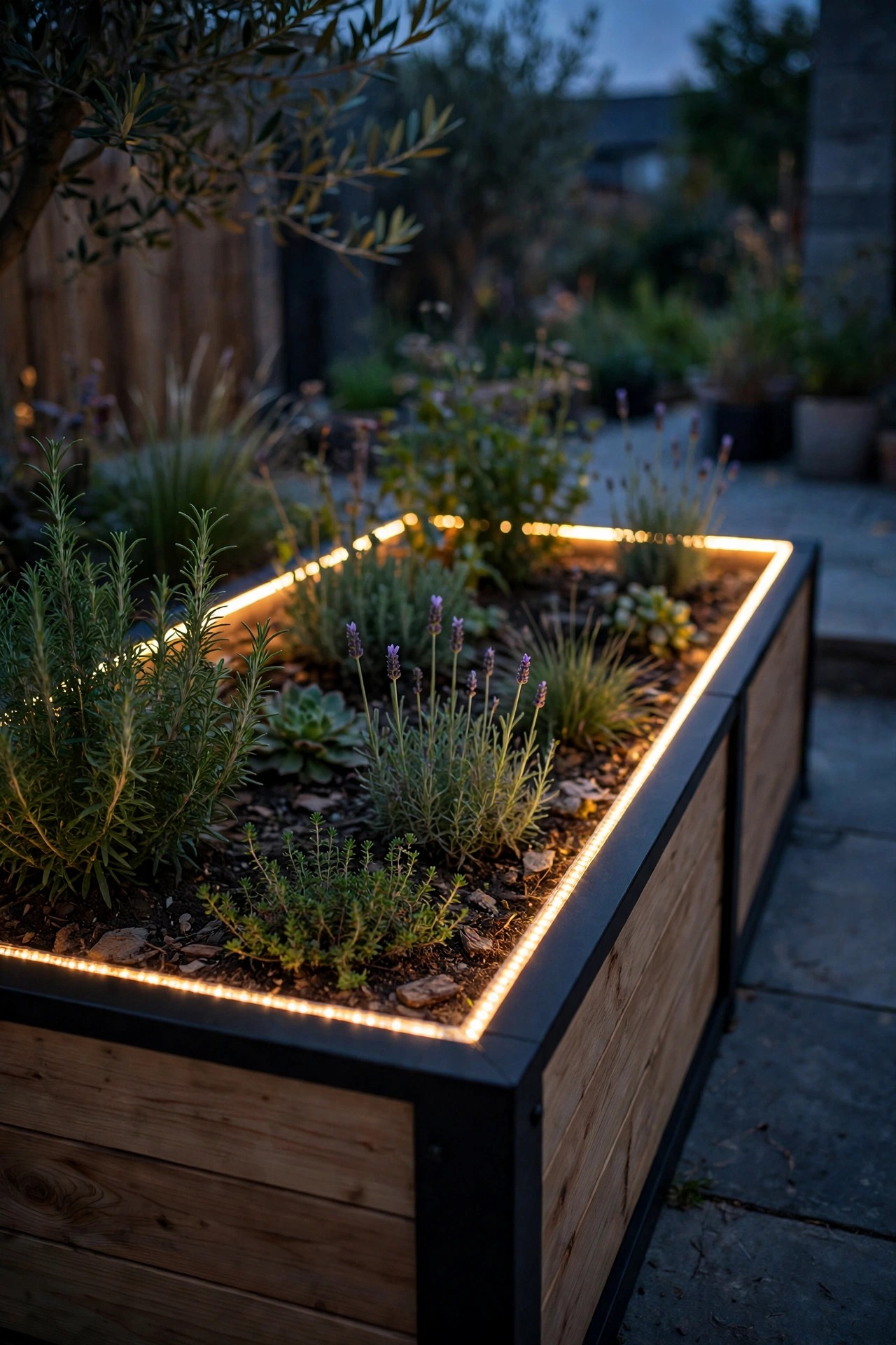 Linear LED strip light tracing the edge of a modern raised garden bed with a clean warm ribbon of light