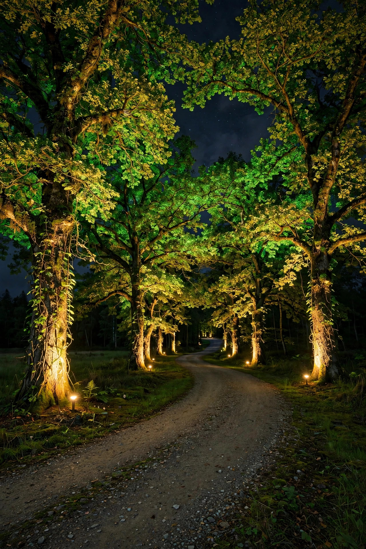 Uplights glowing in the canopies of trees lining a long country driveway at night