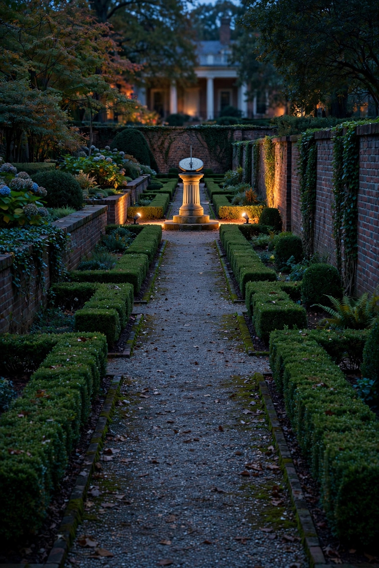 Stone sundial on a pedestal at the end of a garden axis, cross-lit by two small spotlights in a colonial garden at dusk