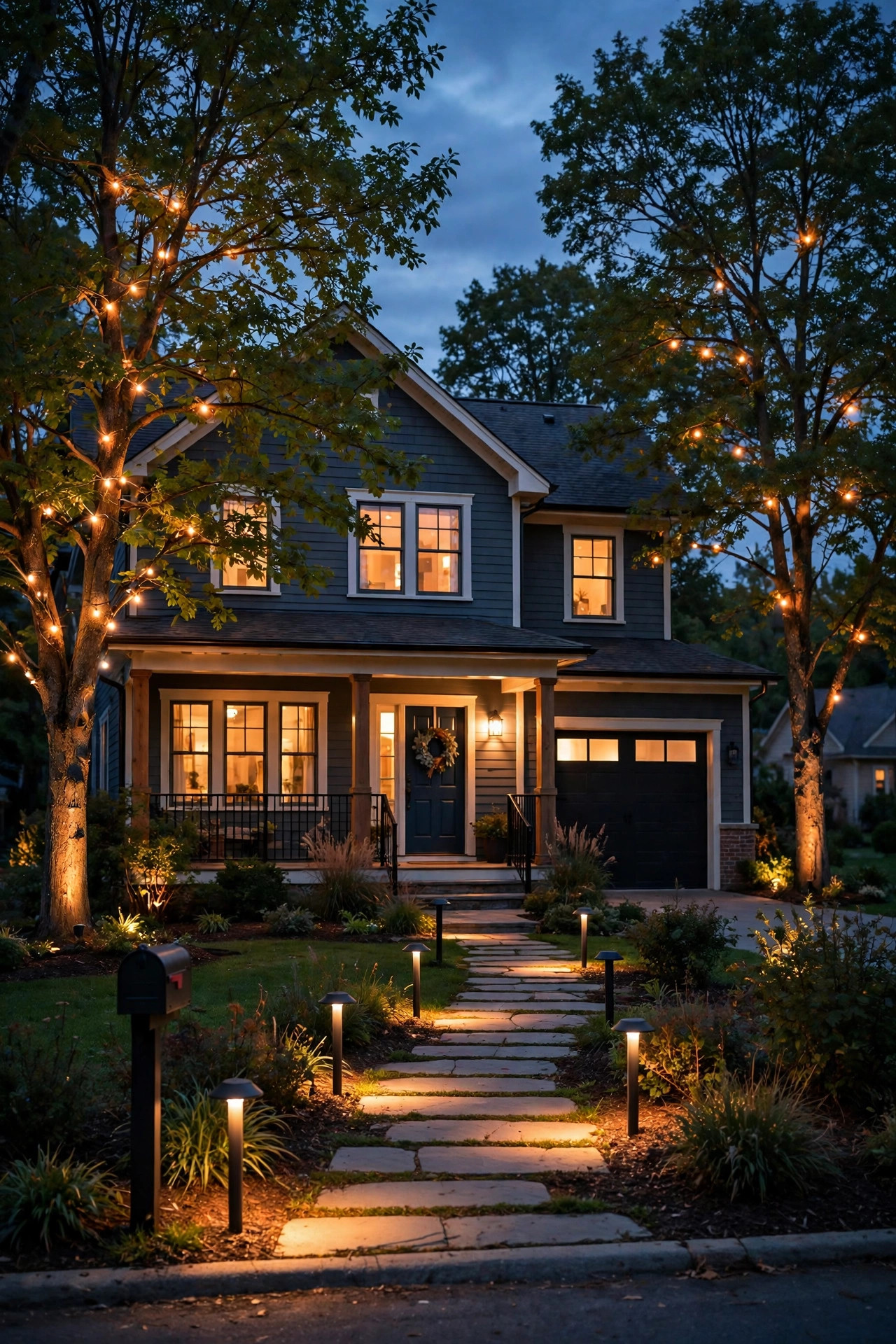 Welcoming suburban home at dusk with porch, path and tree lights on staggered schedules, warm windows glowing