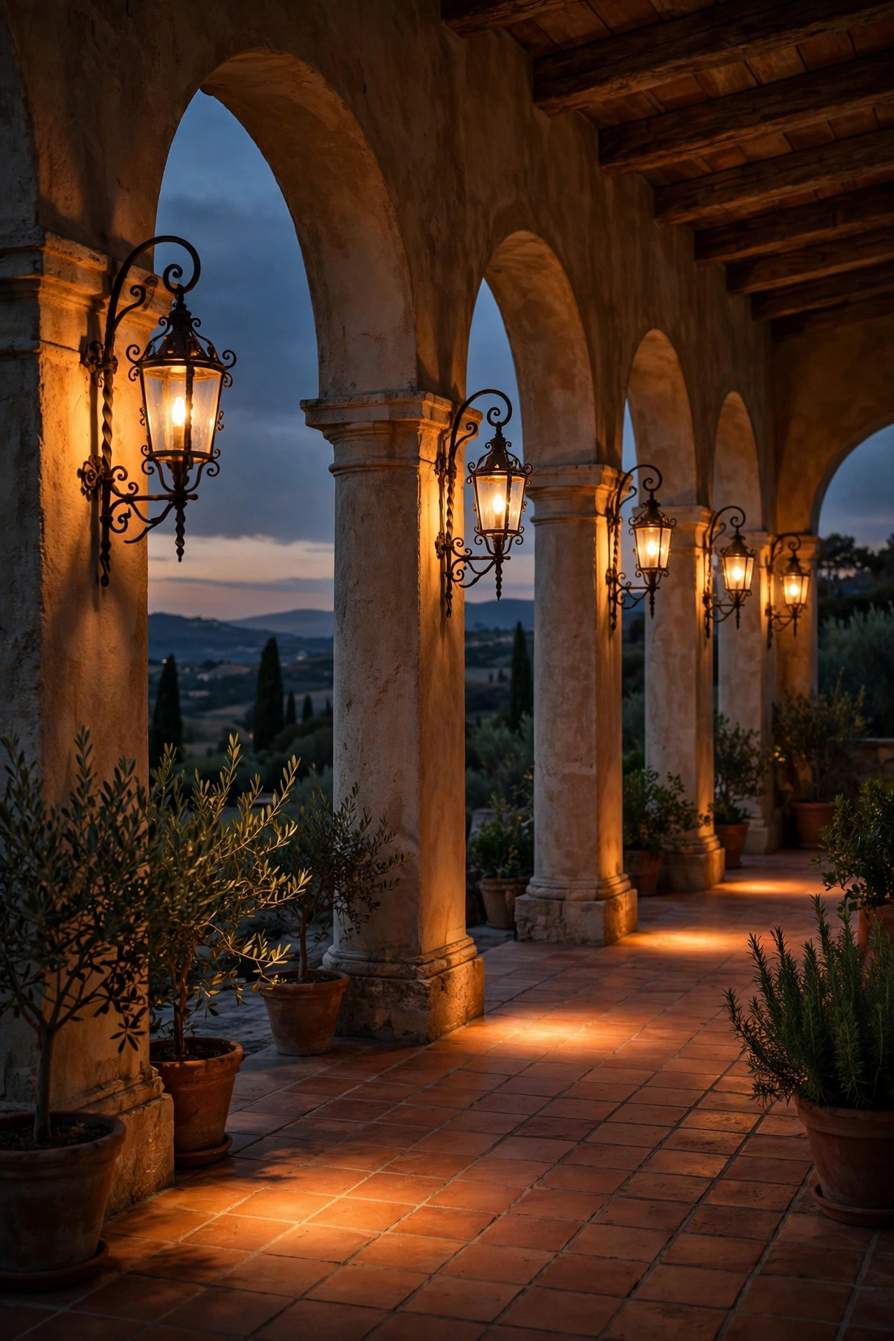Row of glowing wrought-iron sconces along a Mediterranean villa loggia at dusk