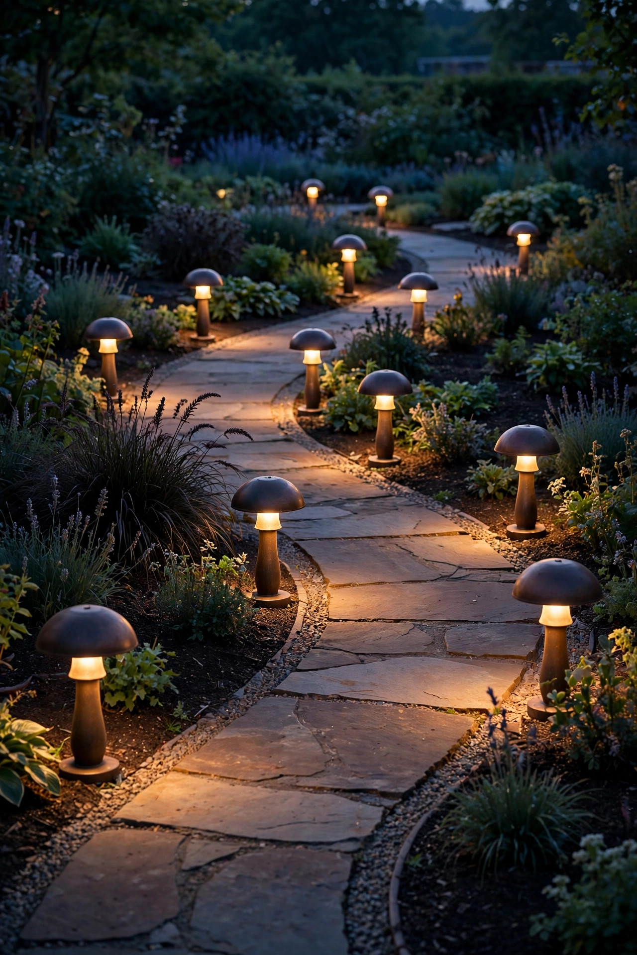 Low mushroom bollard lights lining a curved garden path at dusk with dark flower beds beyond