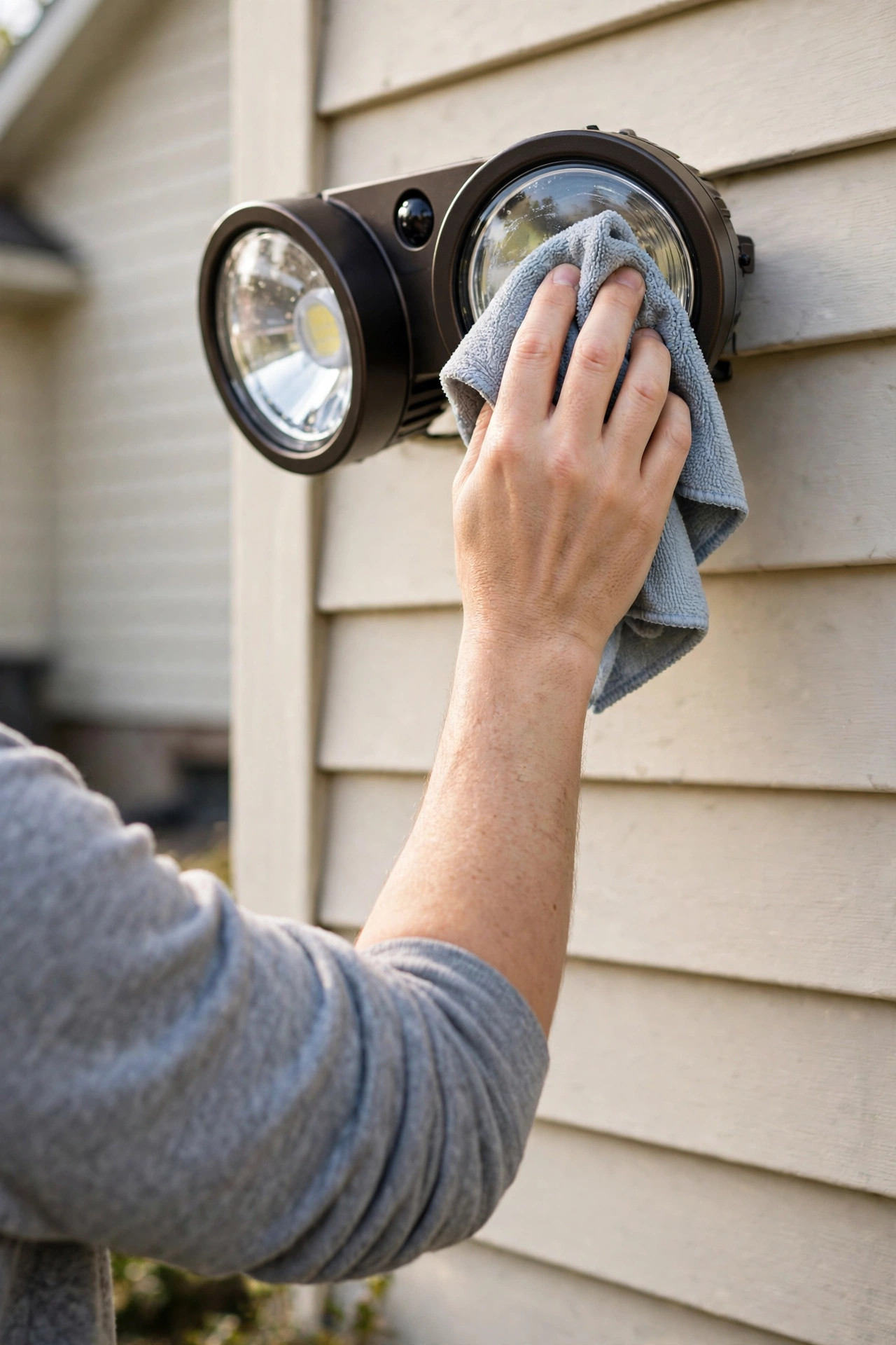 Homeowner wiping clean a motion-sensor outdoor flood light lens with a cloth during daytime maintenance