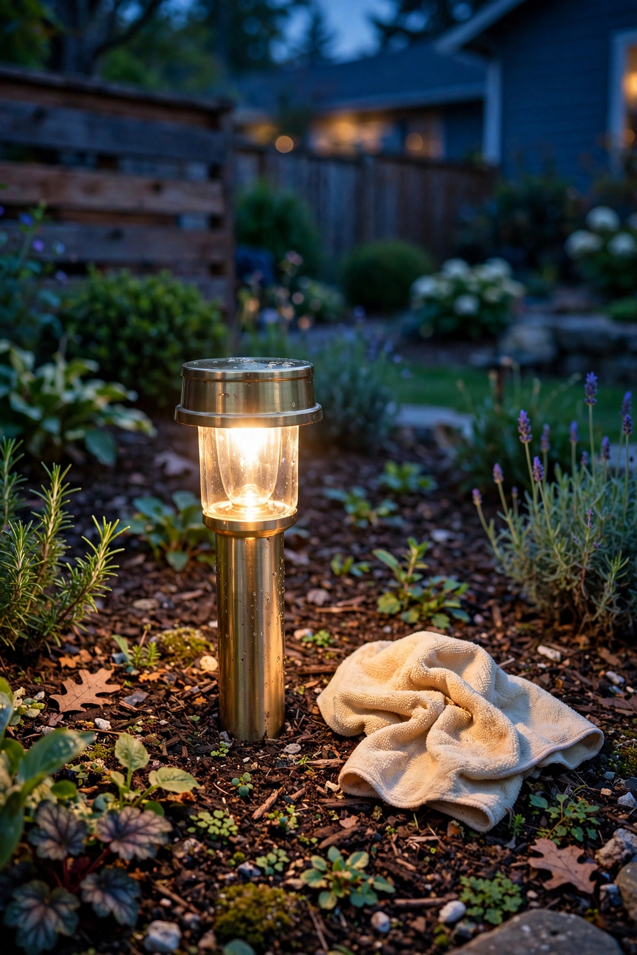 Hand wiping a landscape path light lens clean with a cloth during routine maintenance at dusk