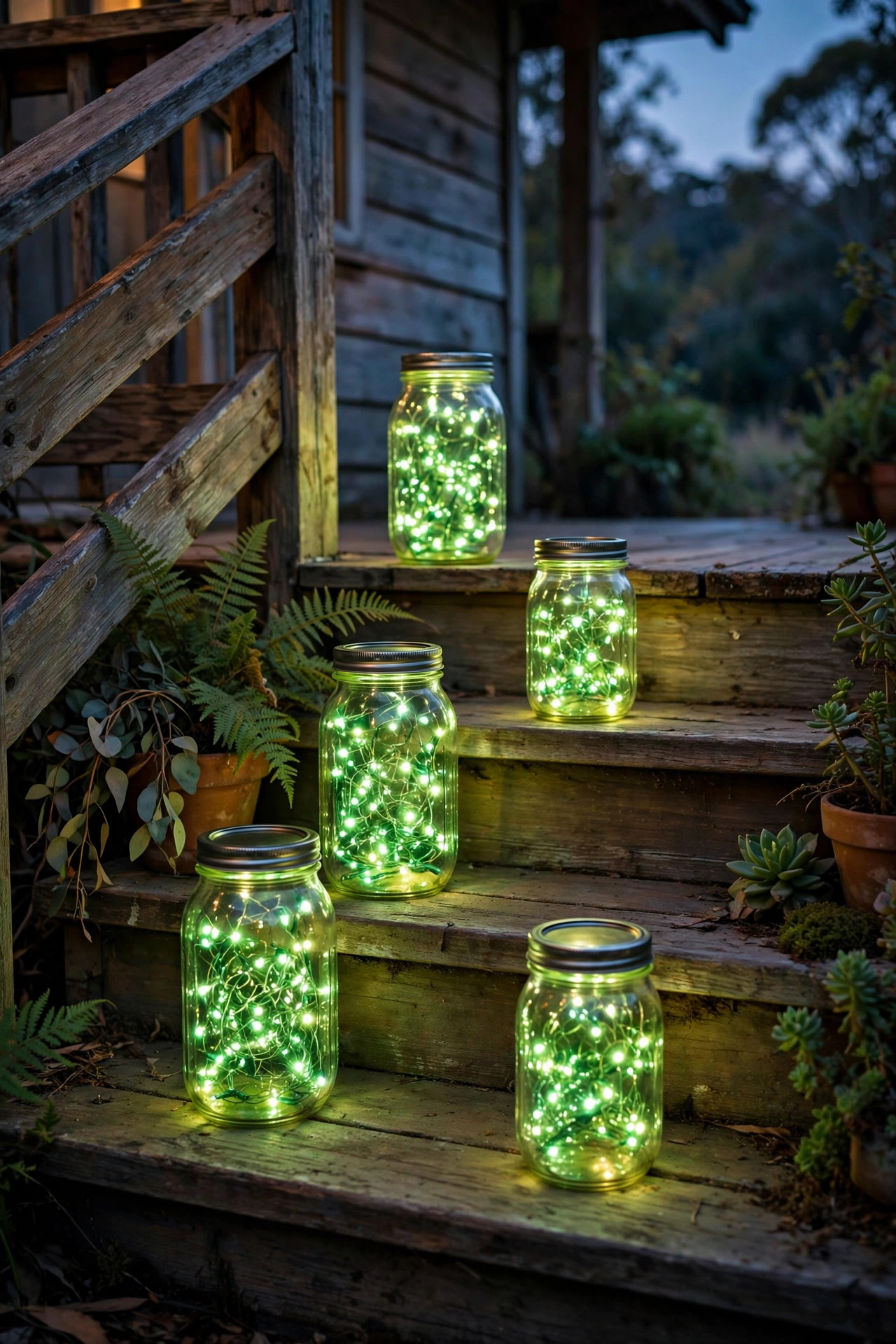 Mason jars filled with green fairy lights glowing on porch steps at dusk