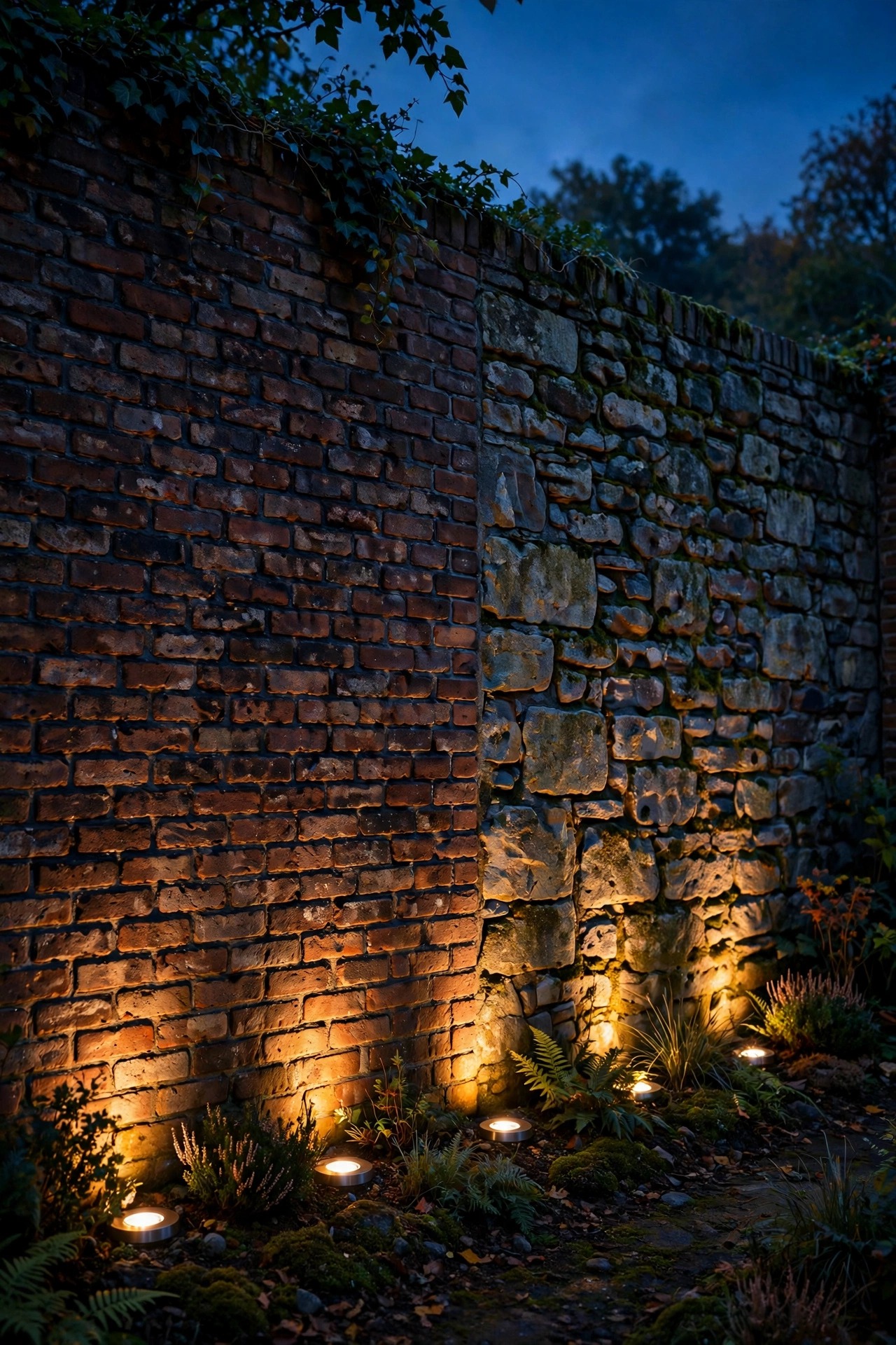 Hidden in-ground well lights grazing warm light up a textured brick and stone wall at night