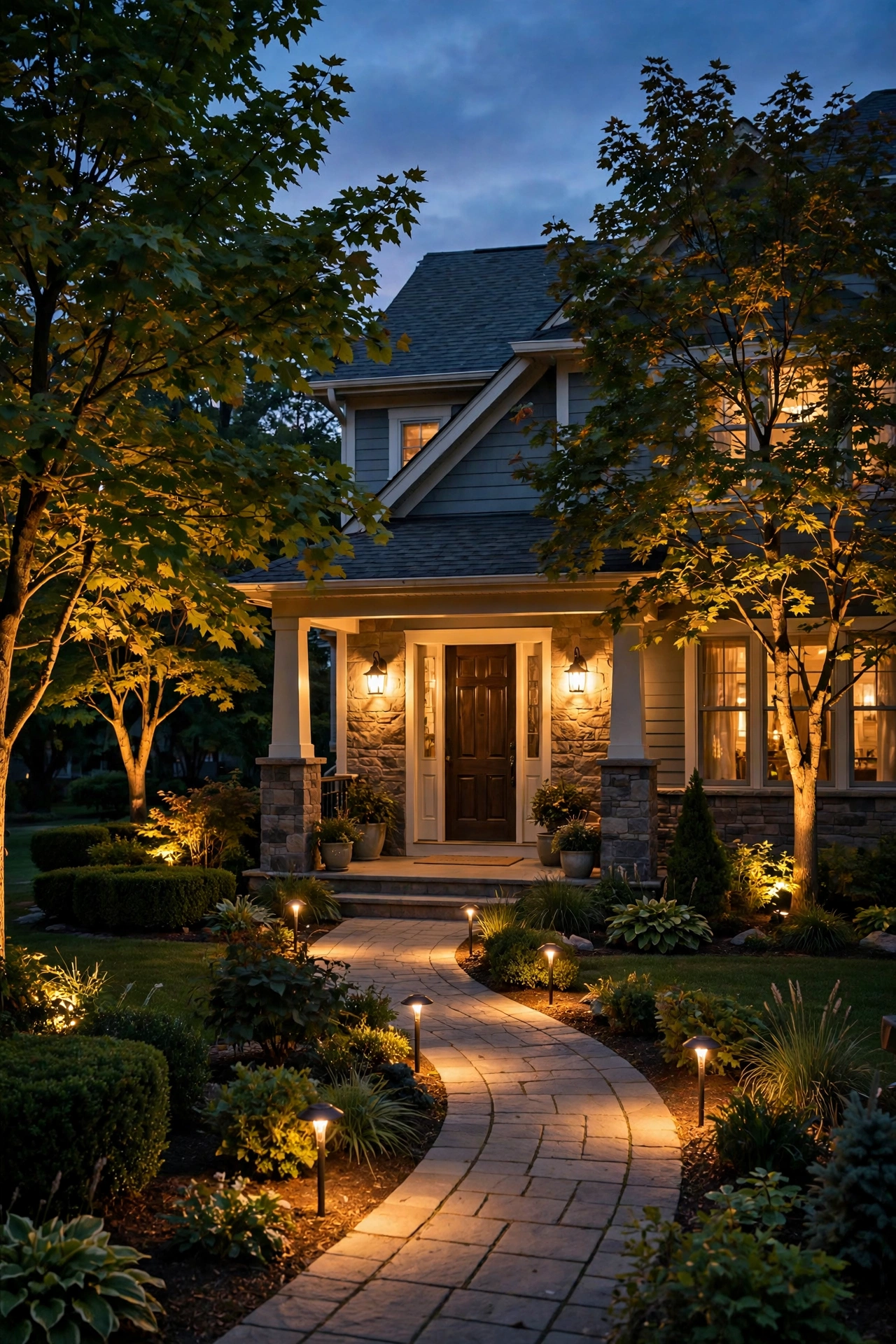 Row of matching warm 2700K outdoor light color temperature path lights glowing evenly along a garden walkway
