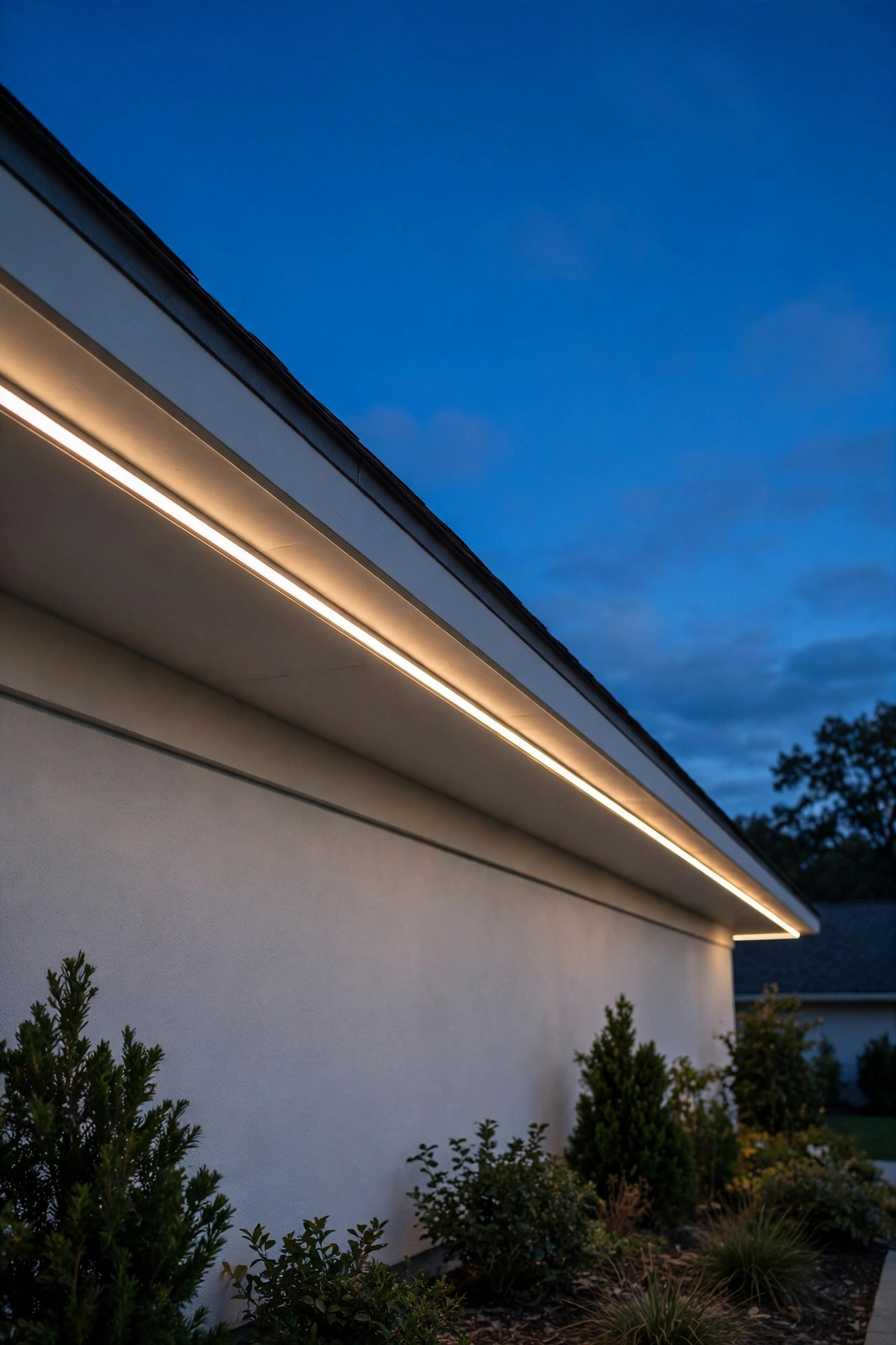 Neatly installed slim LED channel lights tracing a clean roofline eave at dusk, glowing warm white