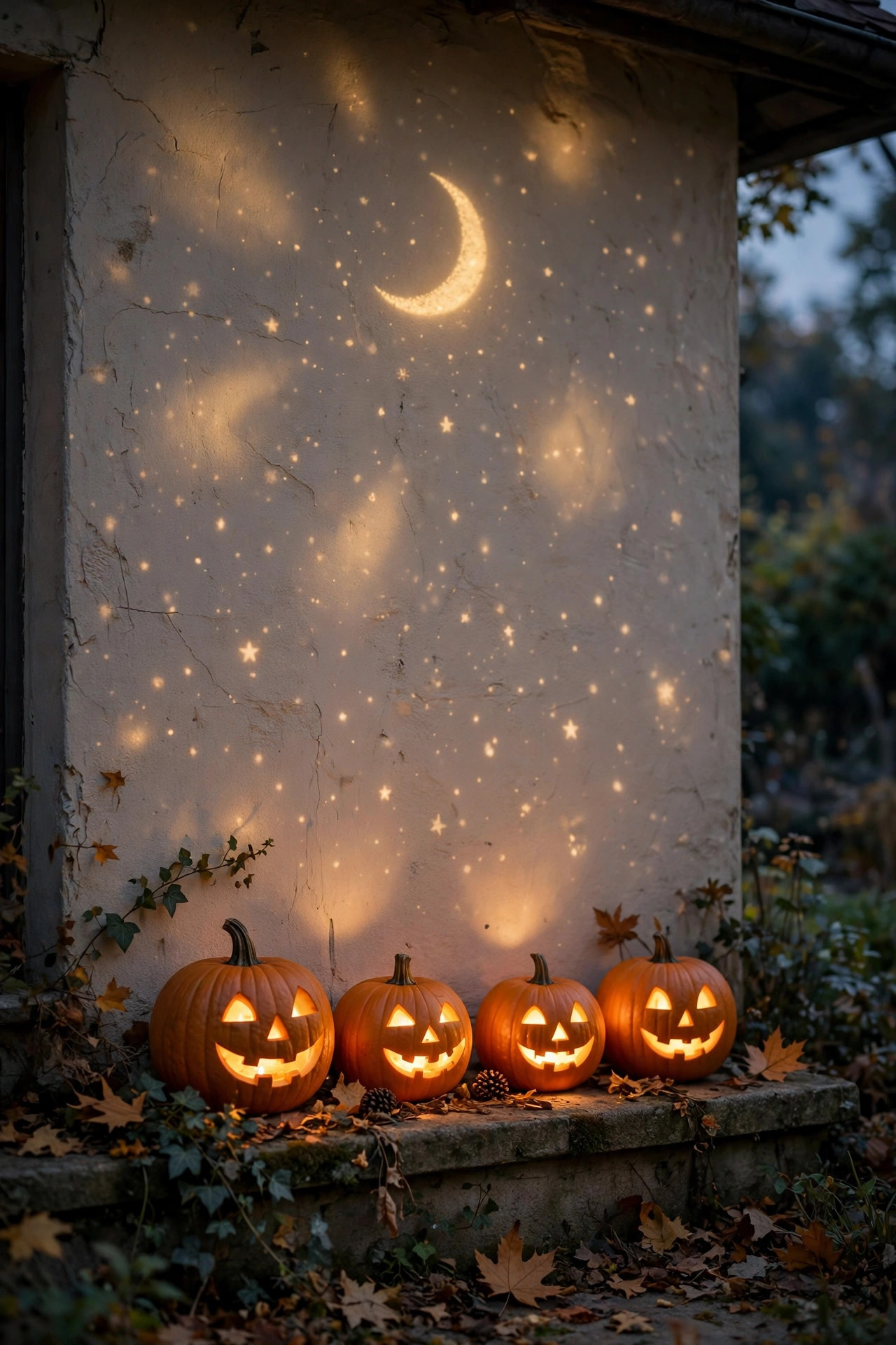 Soft golden stars and crescent moon projected gently onto a house wall above glowing pumpkins at dusk