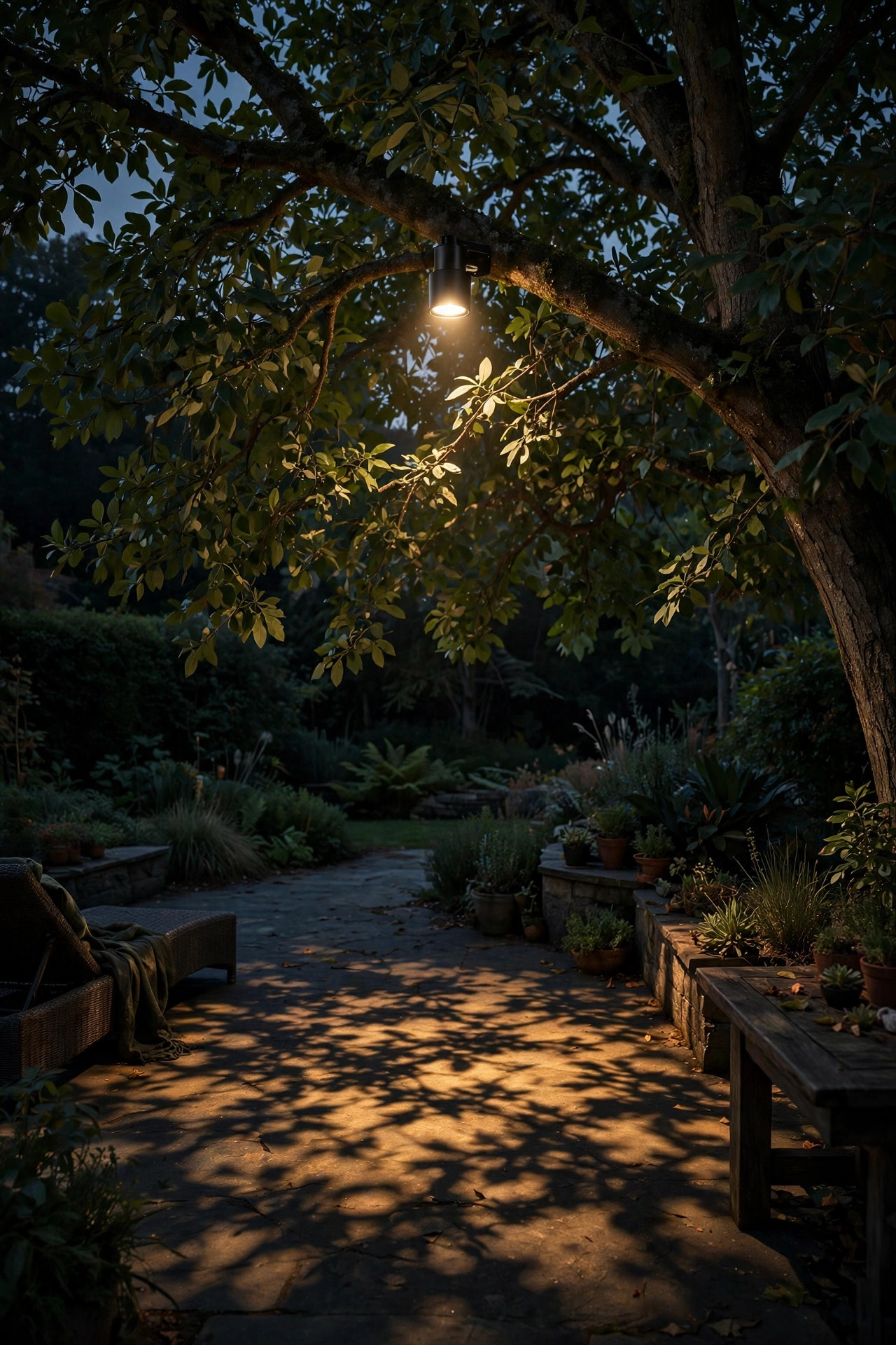 Single soft downlight mounted high in a tree casting dappled moonlight-style light onto a dark patio below