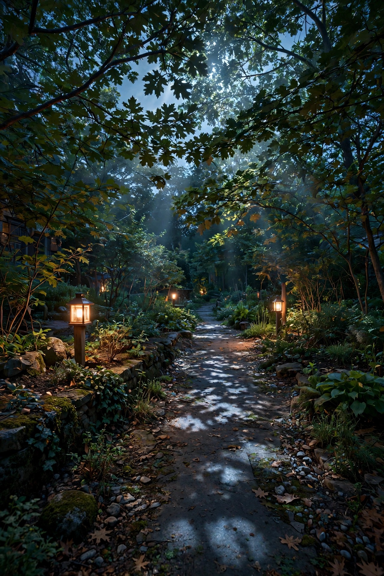 Soft moonlight effect shining down through tree branches onto a garden path with dappled leaf shadows