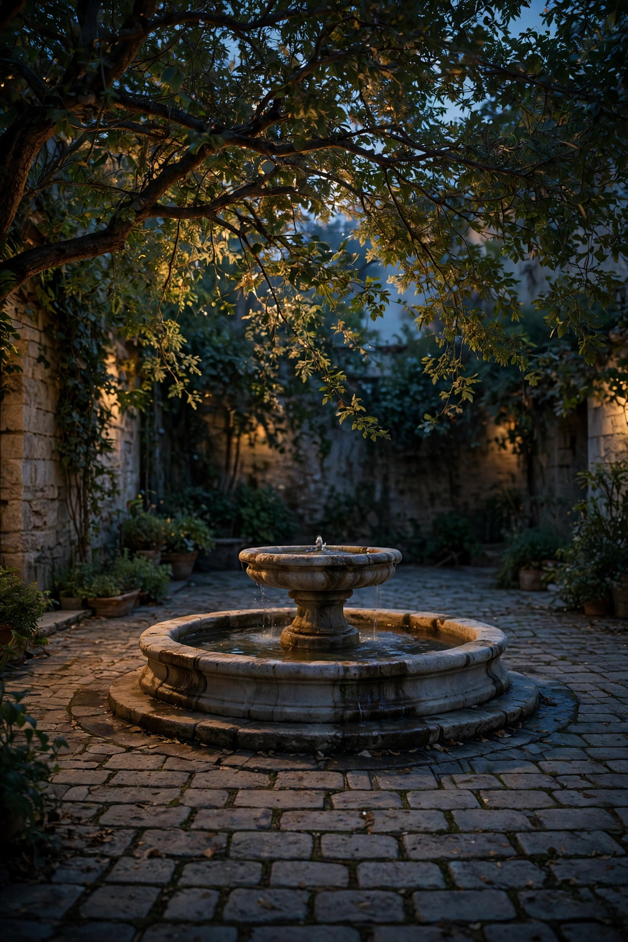 Soft moonlight-style downlight filtering through courtyard tree branches onto a fountain and pavers