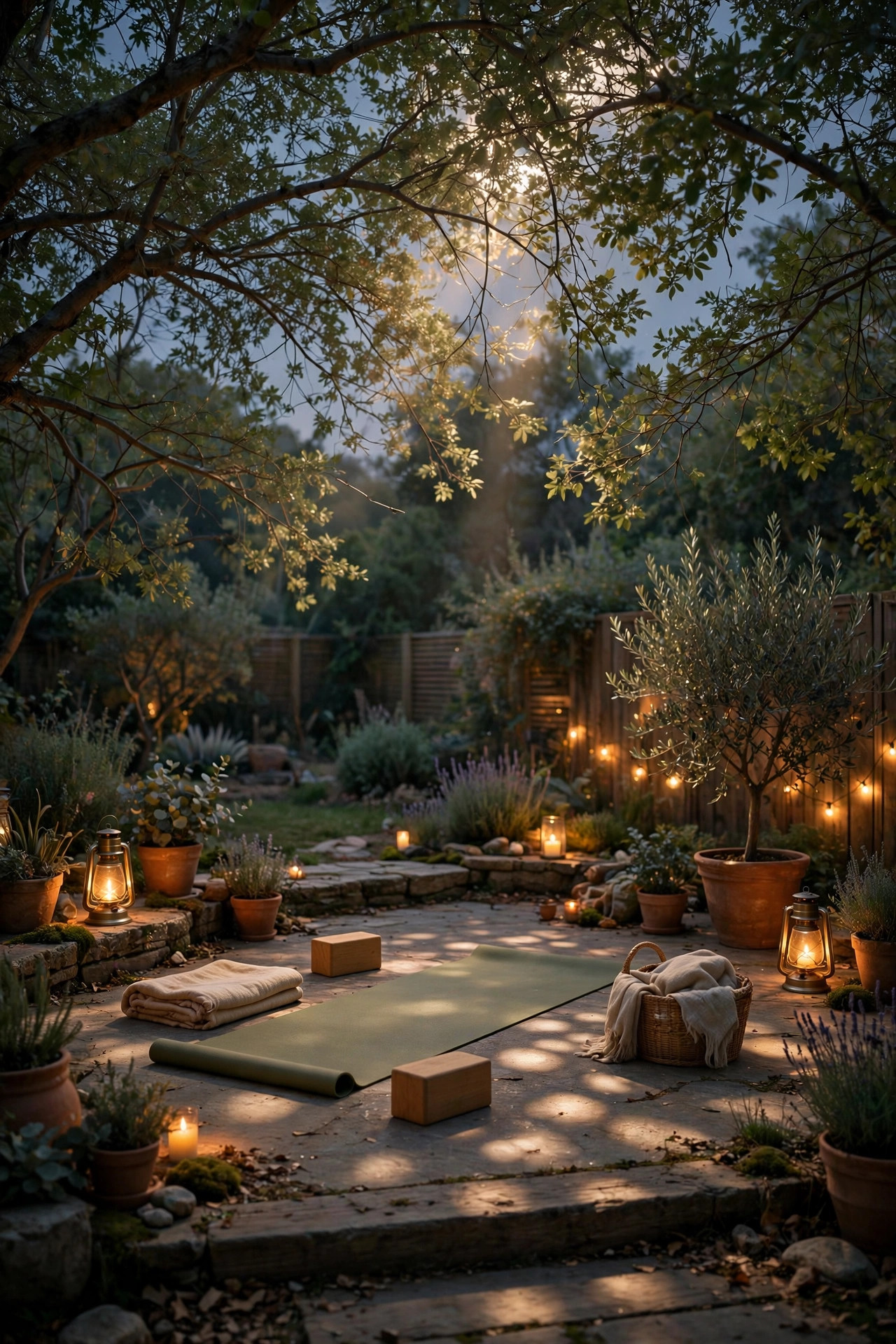 Soft moonlight style downlight filtering through tree branches onto an outdoor yoga space below