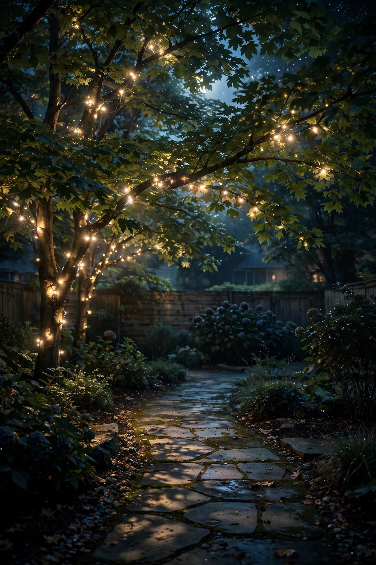 Dappled moonlighting effect from tree-mounted lights over a garden path