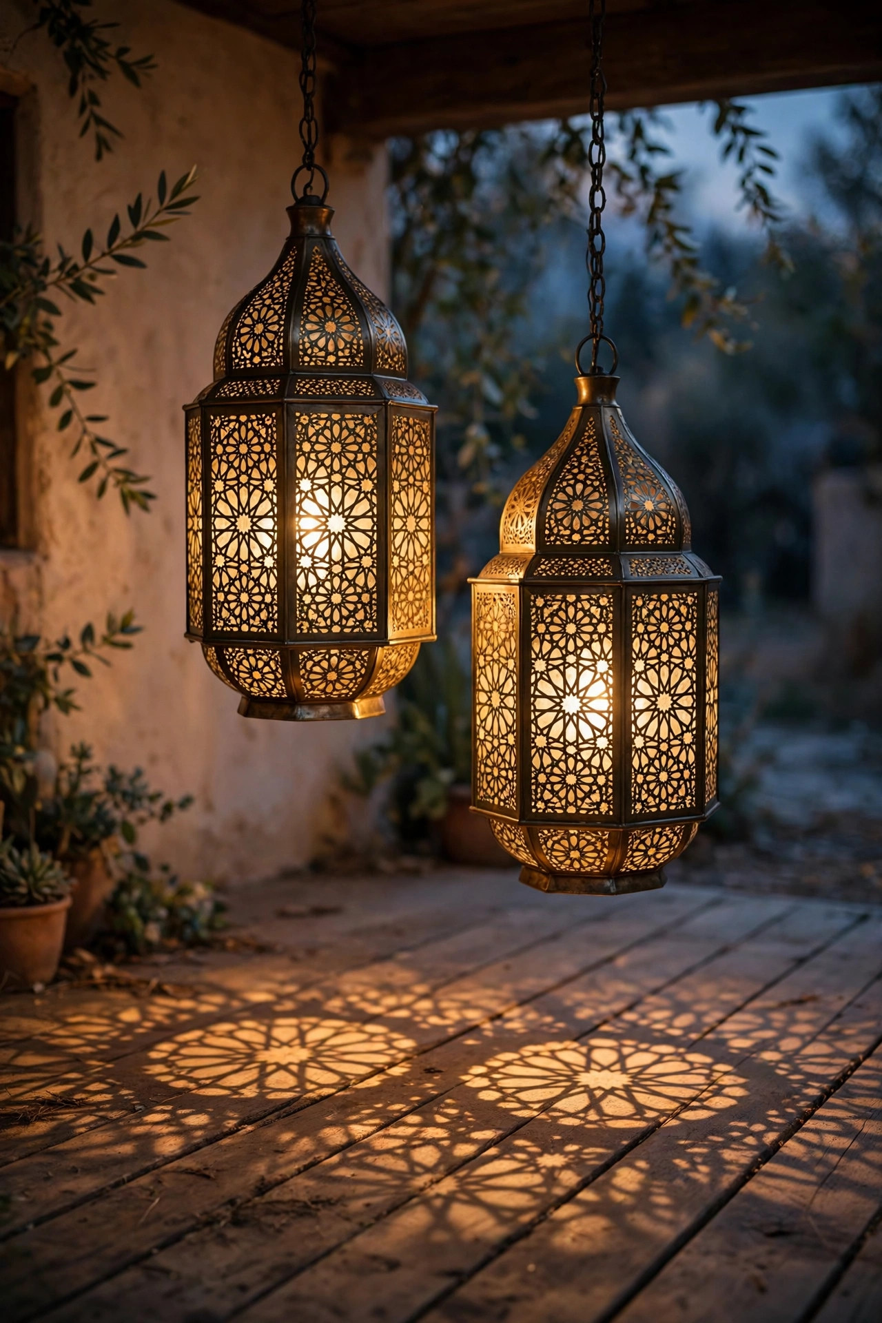 Pair of brass Moroccan pierced-metal lanterns casting patterned light across porch floorboards