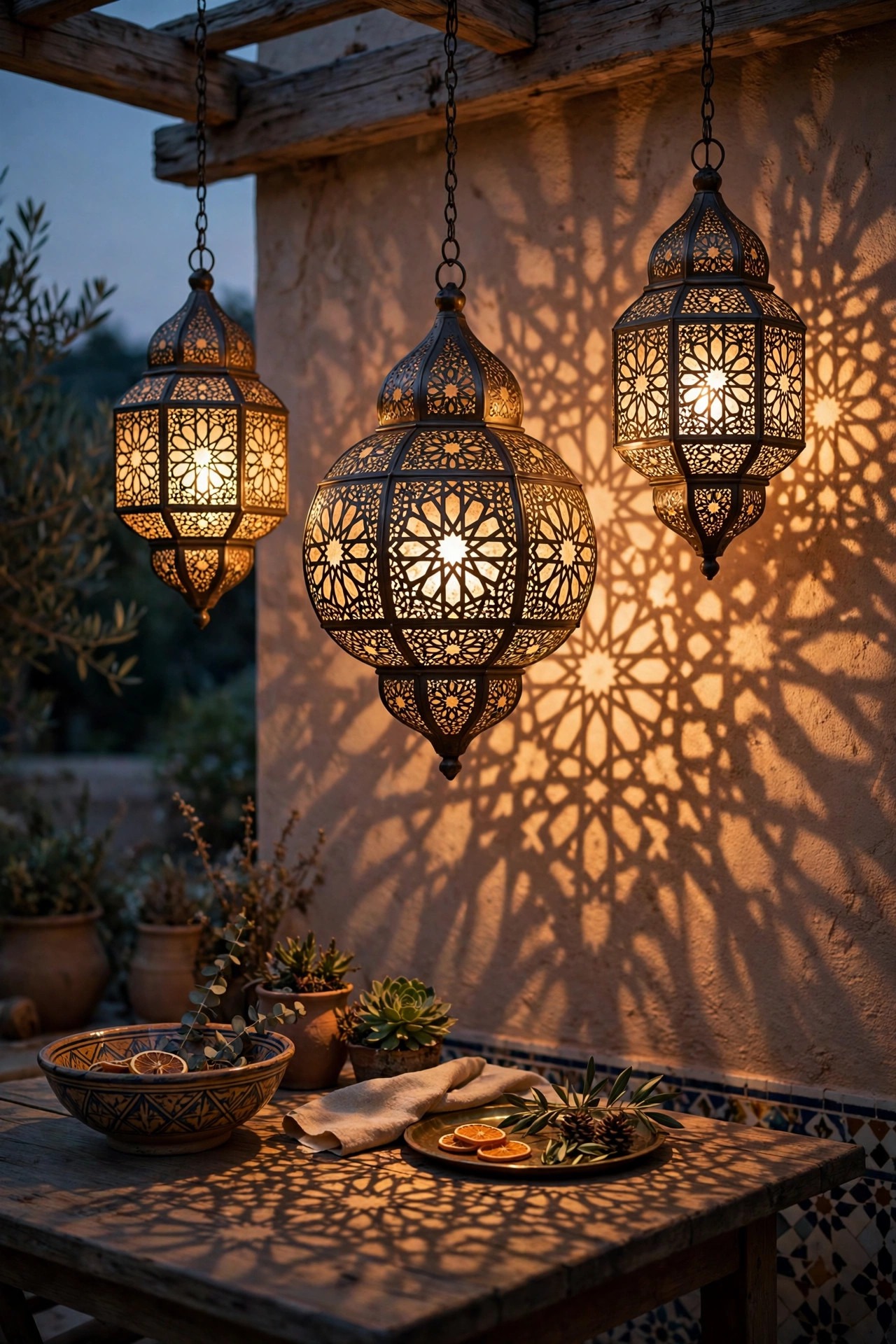 Ornate pierced-metal Moroccan lanterns casting intricate patterned light across a patio wall and table at dusk, warm glow through cutwork panels