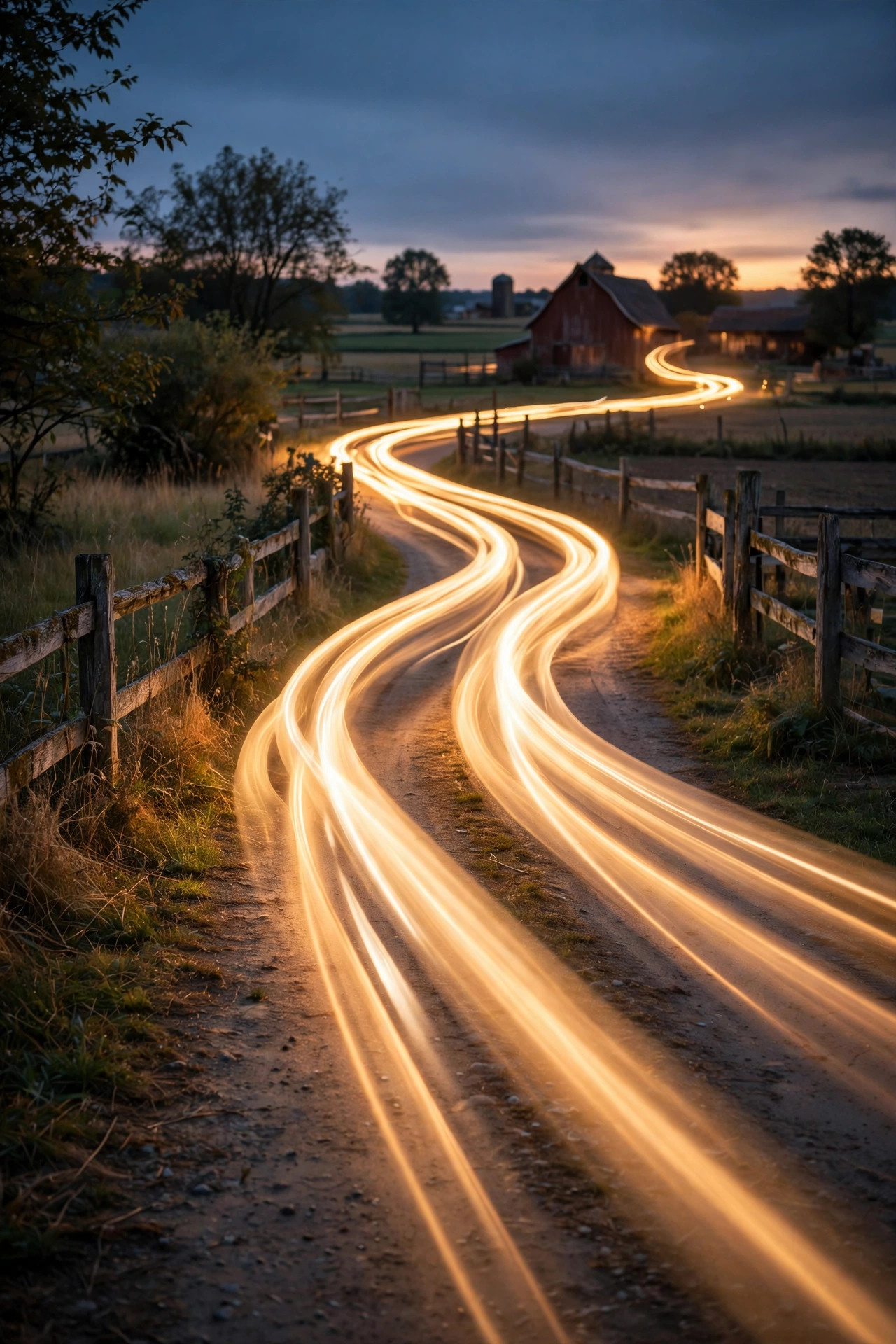 Motion-boost dusk to dawn light glowing softly over a farm driveway at dusk