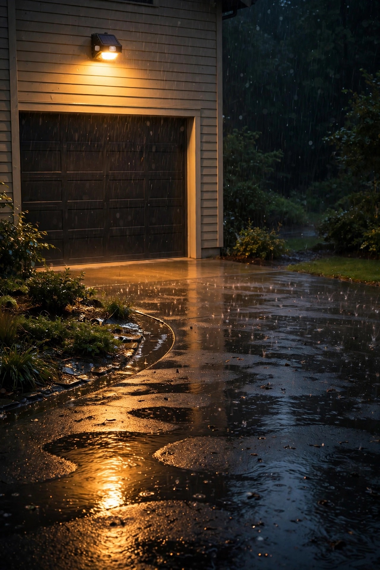 Motion-activated solar flood light glowing over a garage apron and driveway on a rainy night
