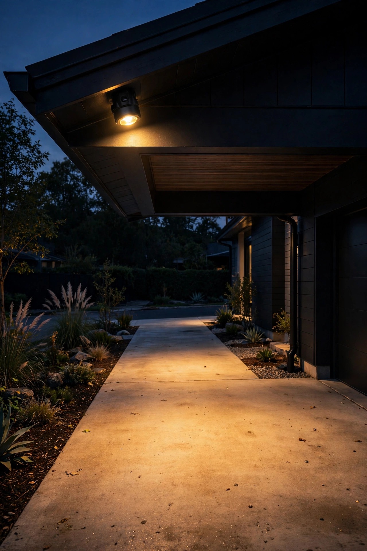 Compact black motion sensor flood light under the eave of a modern home lighting a driveway apron at night