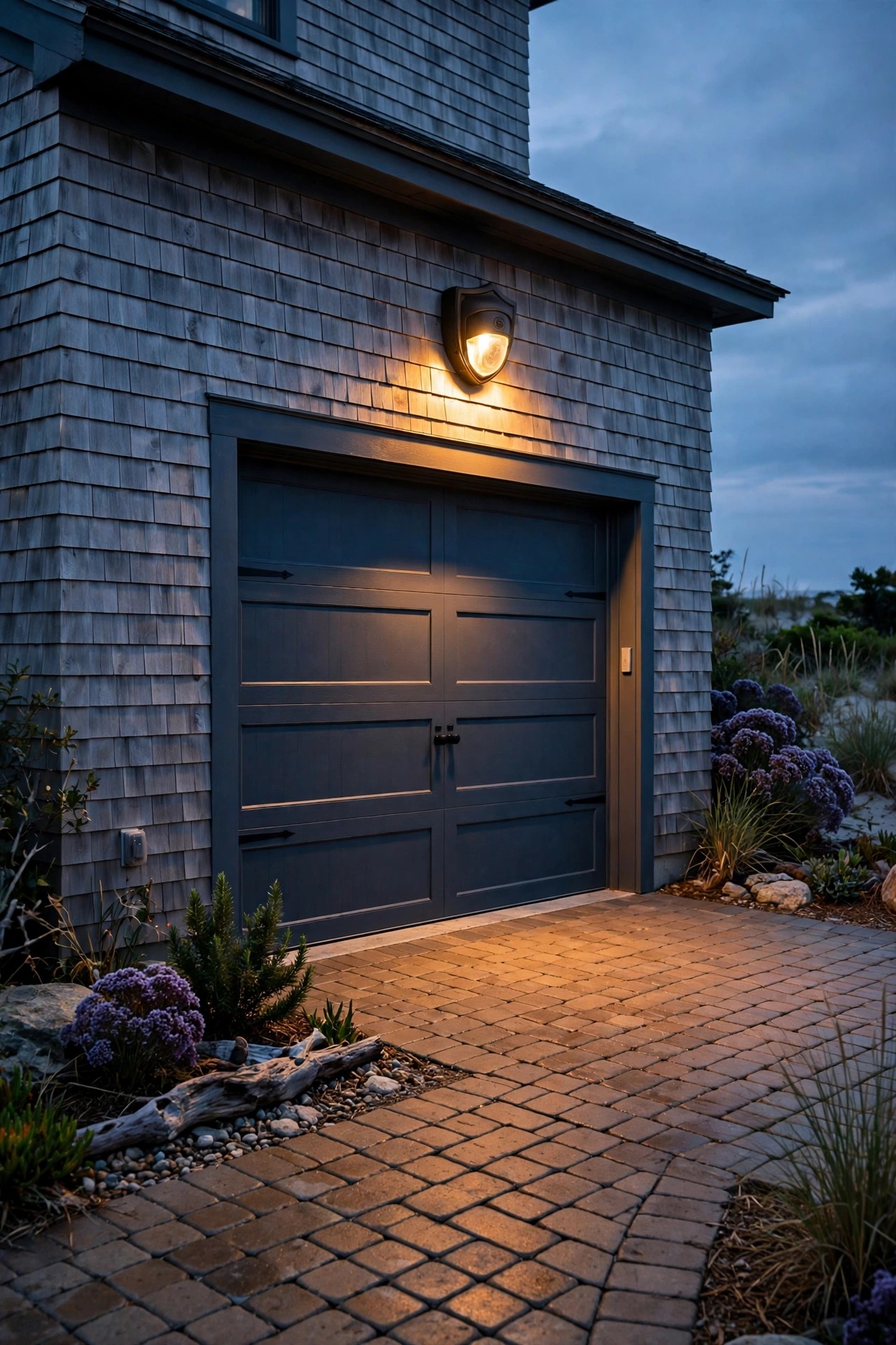 Shielded motion sensor light with warm glow mounted above a coastal garage door lighting a paver driveway at dusk