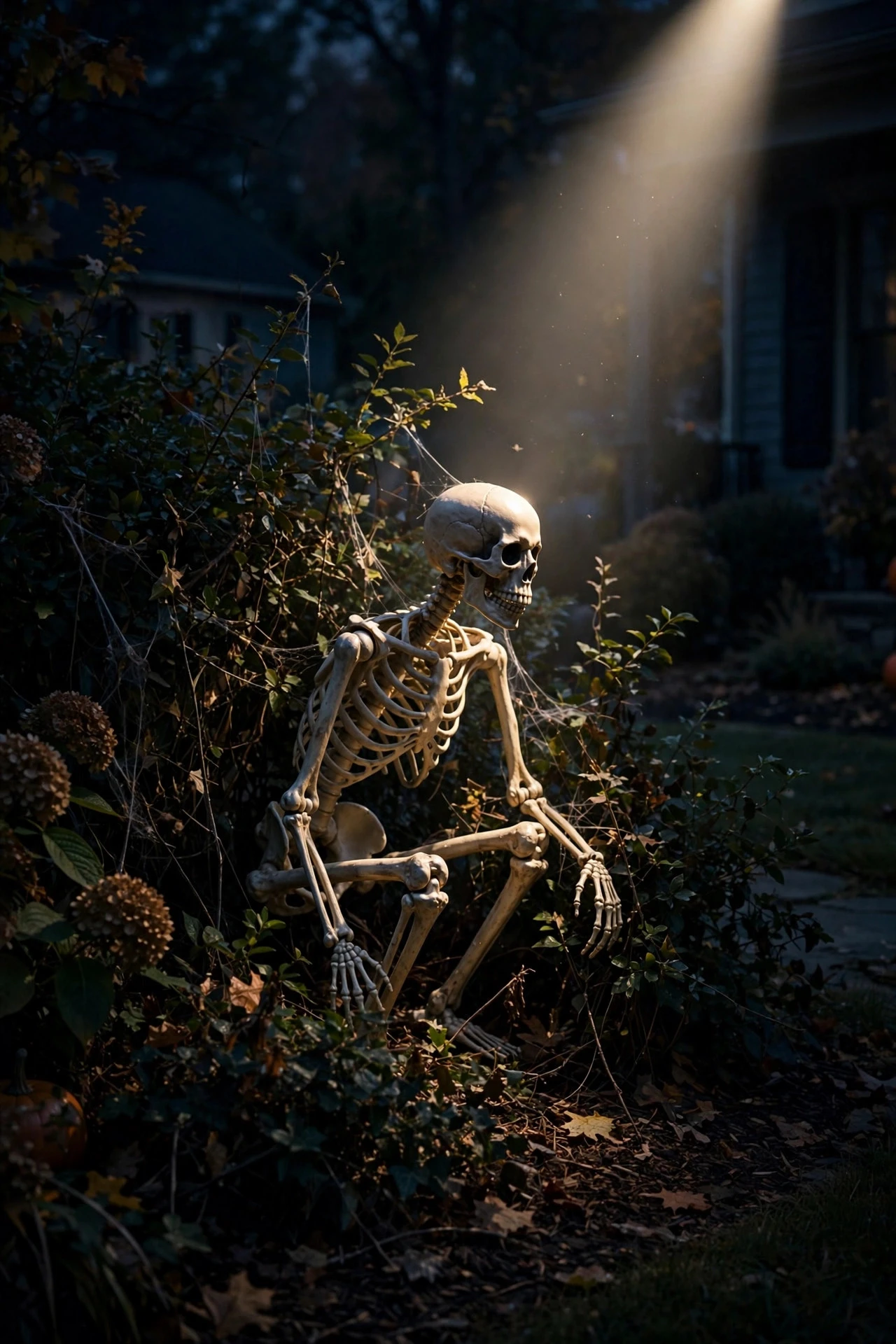 Hidden motion-sensor spotlight illuminating a skeleton decoration in dark bushes at night