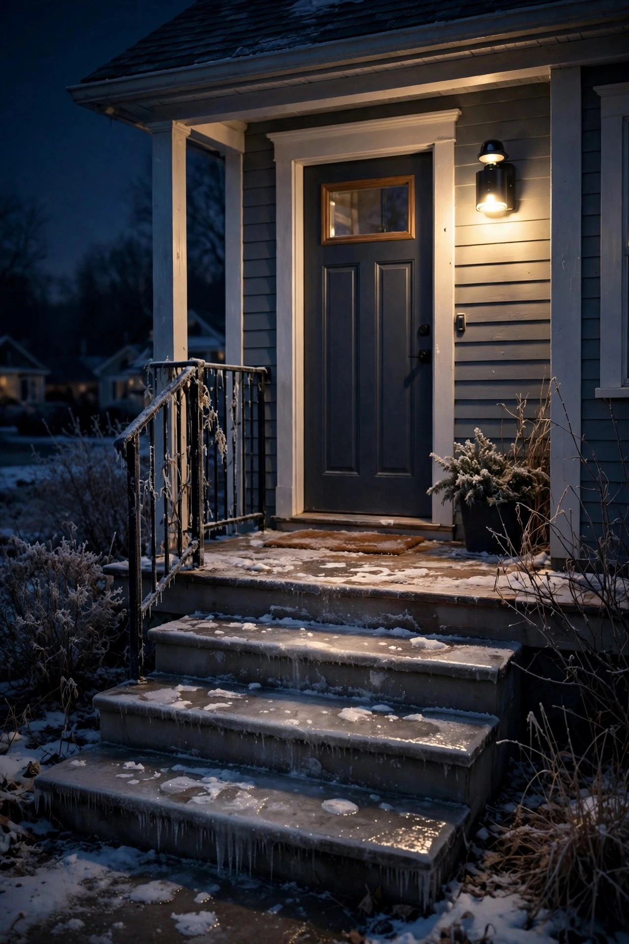 Motion-sensor porch light illuminating icy front steps at night for winter safety