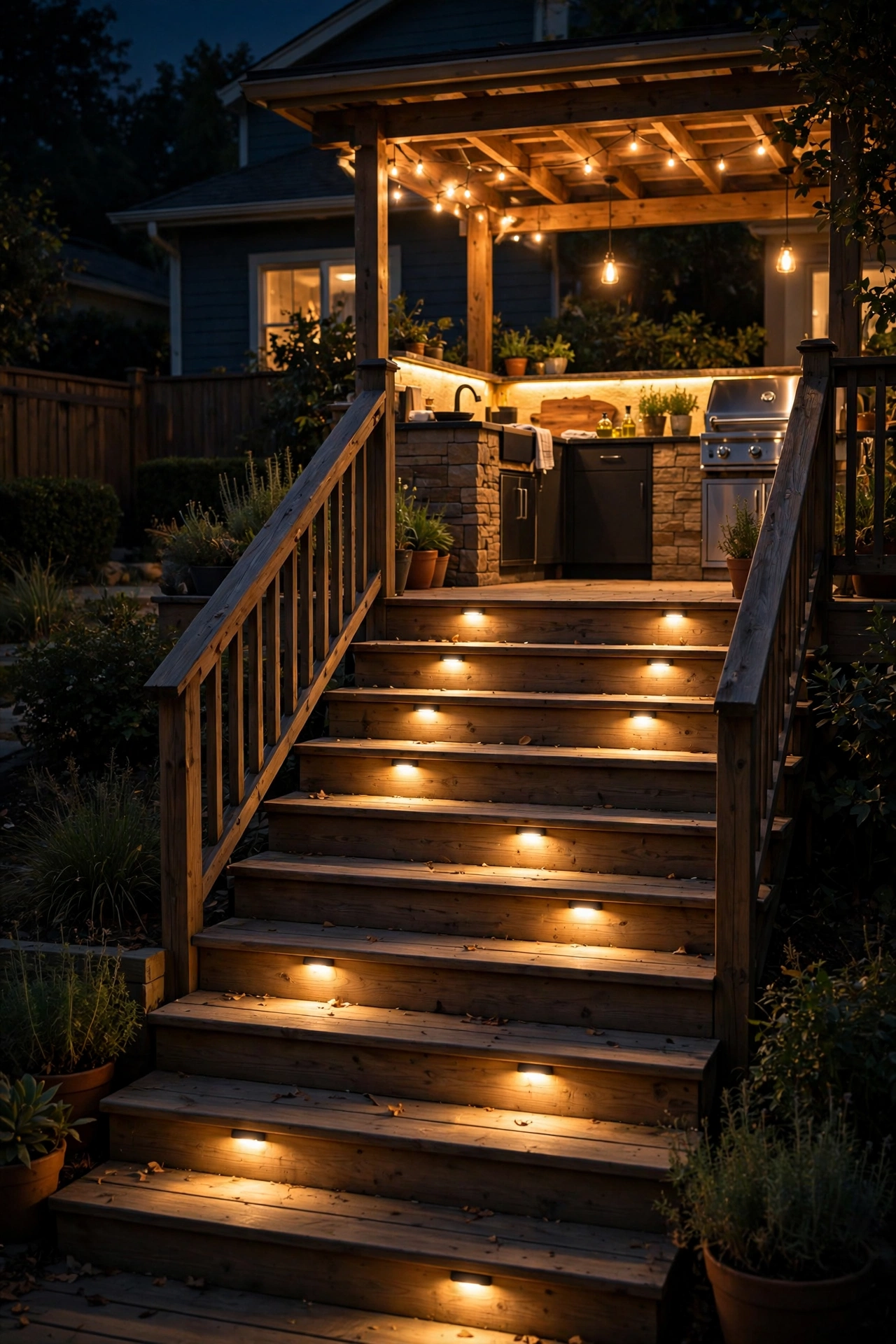 Low-voltage step lights glowing on deck stairs leading to outdoor kitchen at night