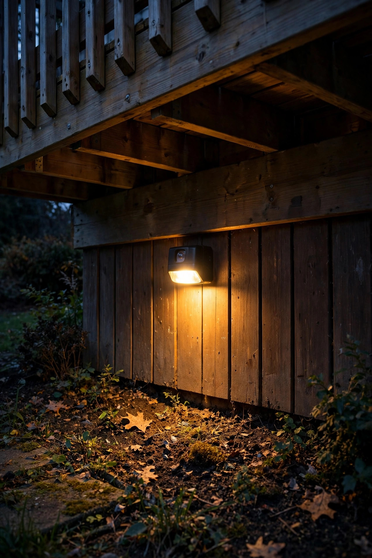 Motion sensor light glowing under the edge of a deck near the skirting at night